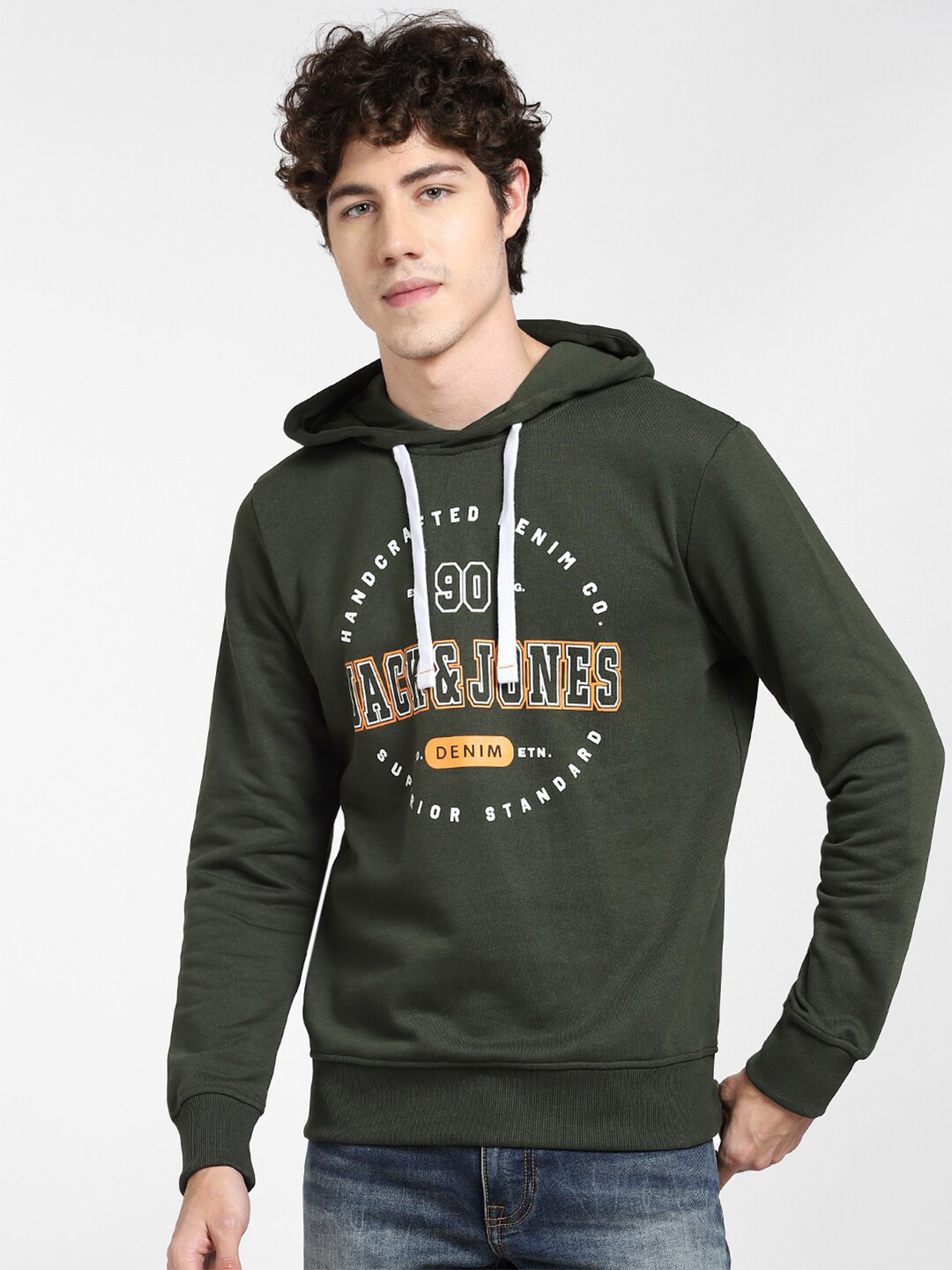 

Jack & Jones Men Green Printed Hooded Sweatshirt