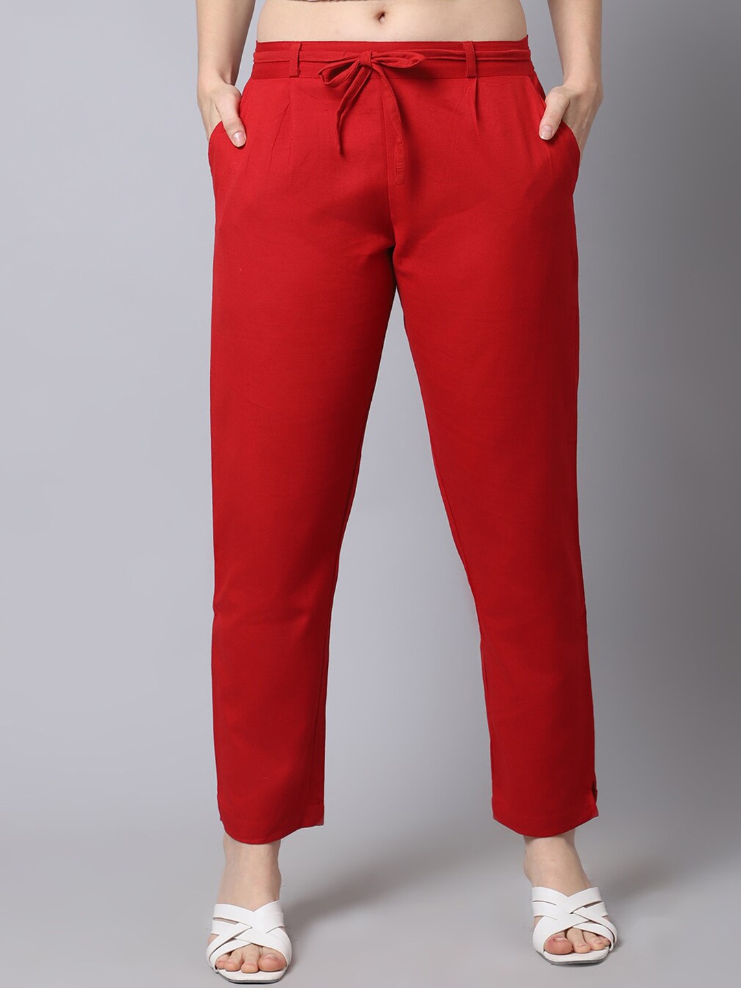 

Pistaa Women Red Pleated Cigarette Trousers