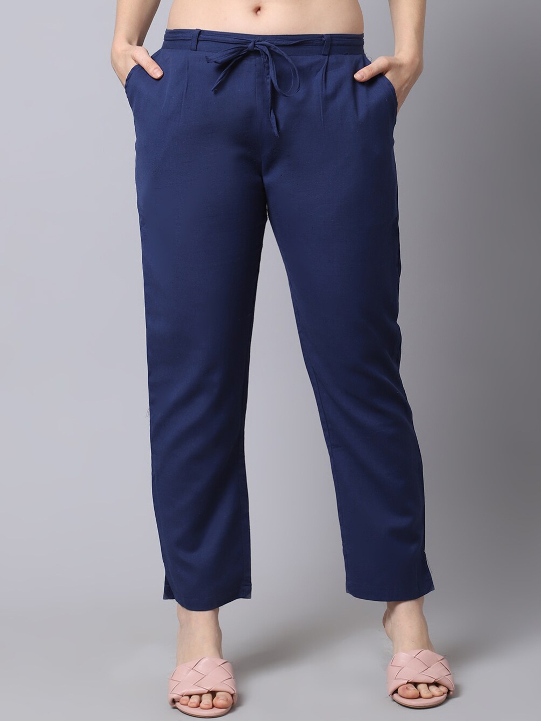 

Pistaa Women Navy Blue Cotton Cigarette Trousers