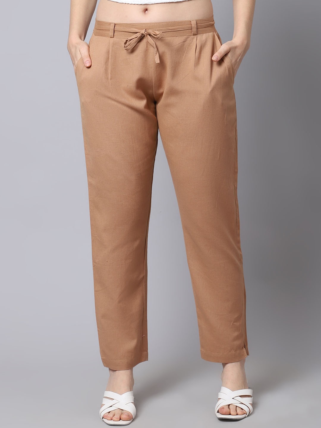 

Pistaa Women Brown Pleated Cigarette Trousers