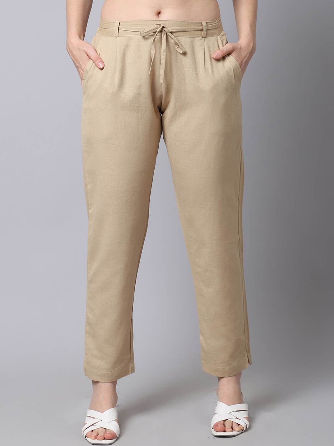 

Pistaa Women Beige Pleated Cotton Cigarette Trousers