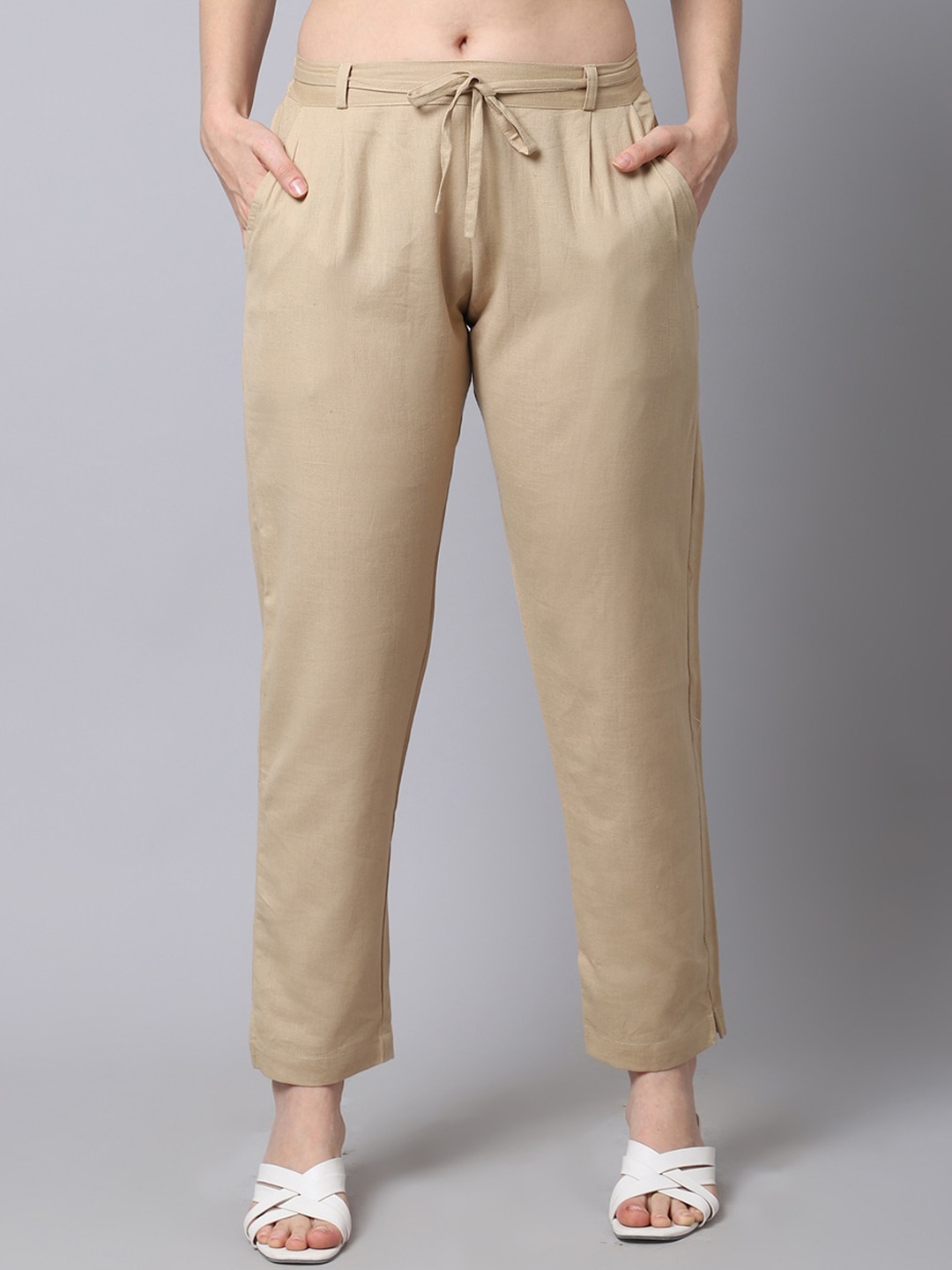 

Pistaa Women Beige Pleated Cigarette Trousers