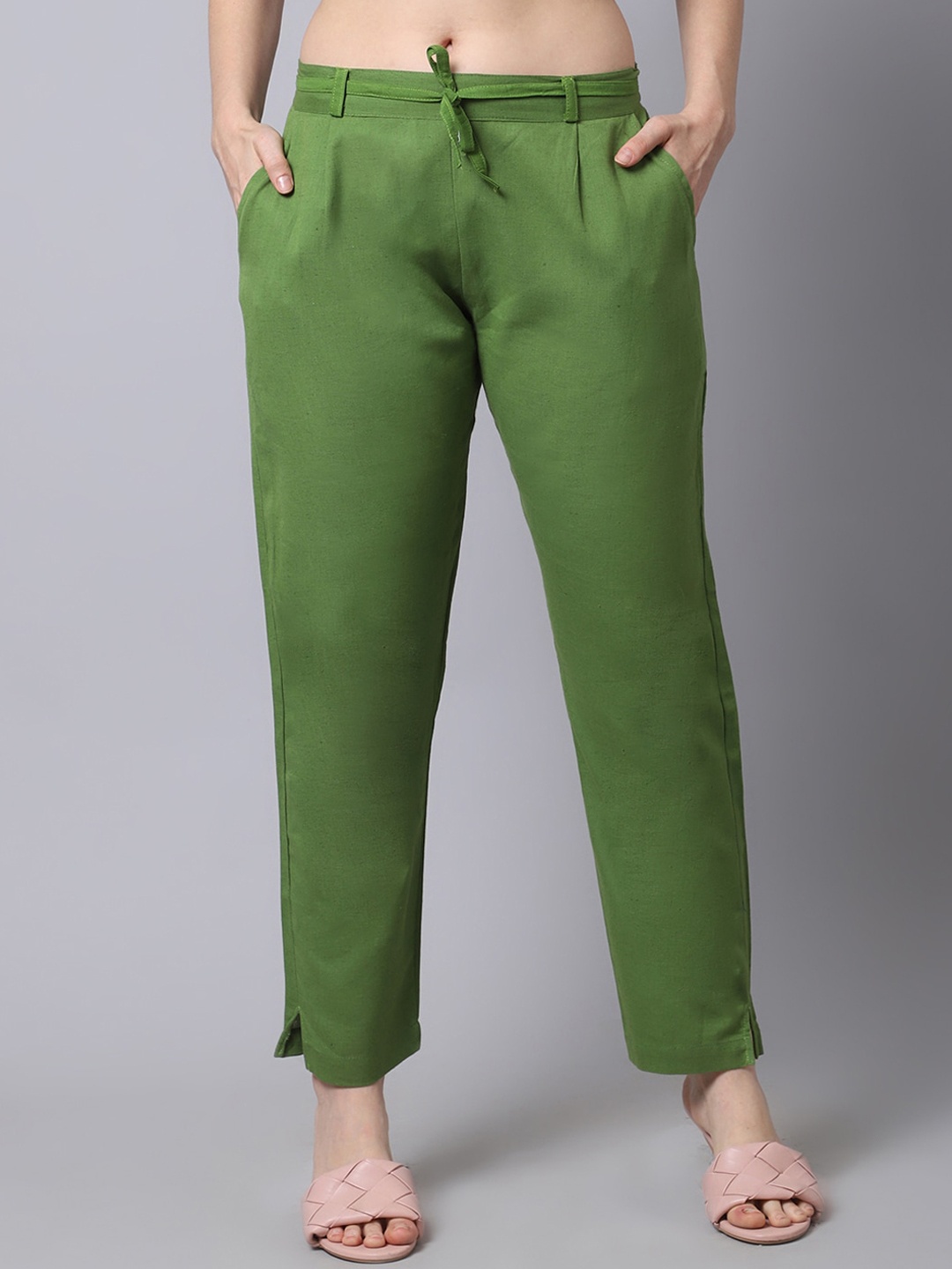

Pistaa Women Green Pleated Cigarette Trousers