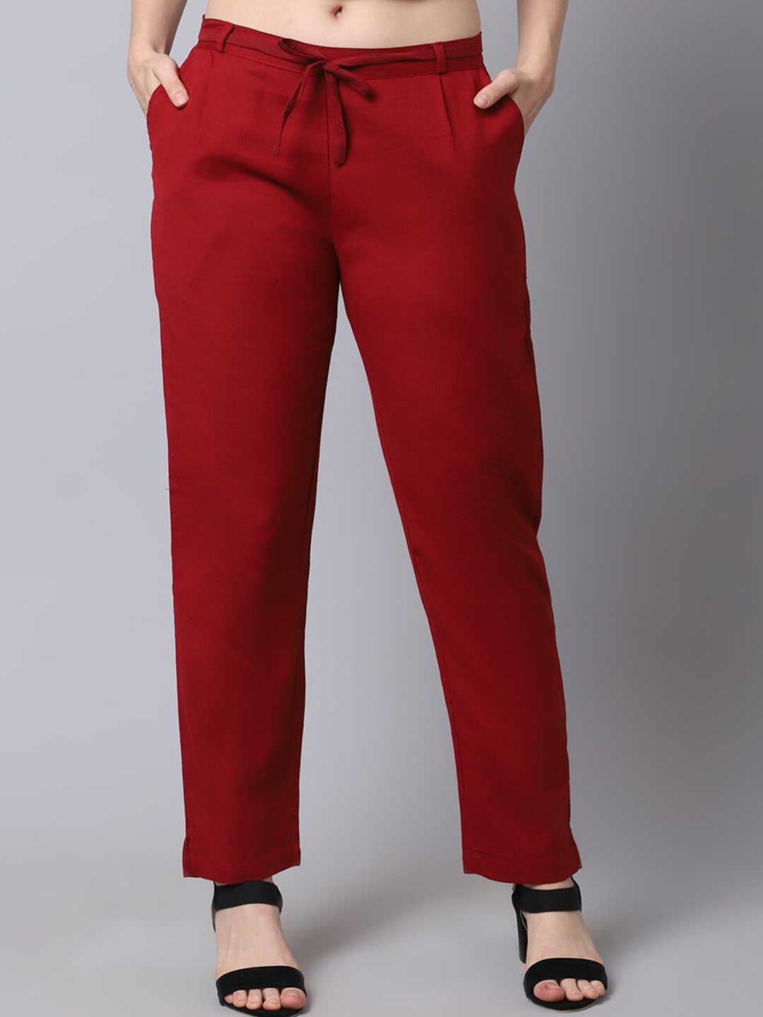 

Pistaa Women Maroon Pleated Cotton Cigarette Trousers