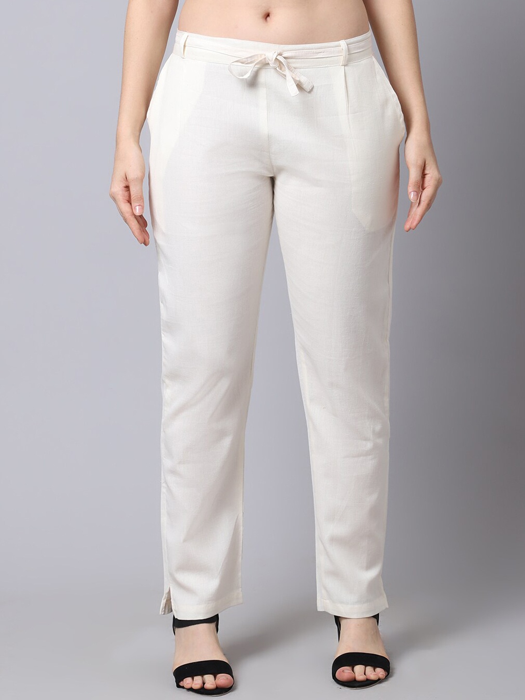 

Pistaa Women Off White Pleated Cigarette Trousers
