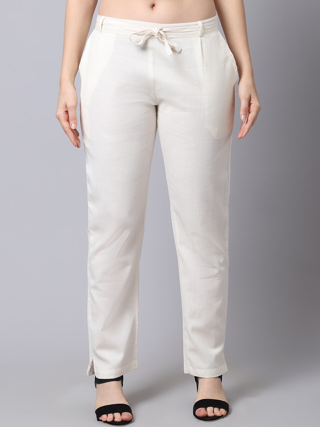 

Pistaa Women Off White Straight Fit Cigarette Trousers