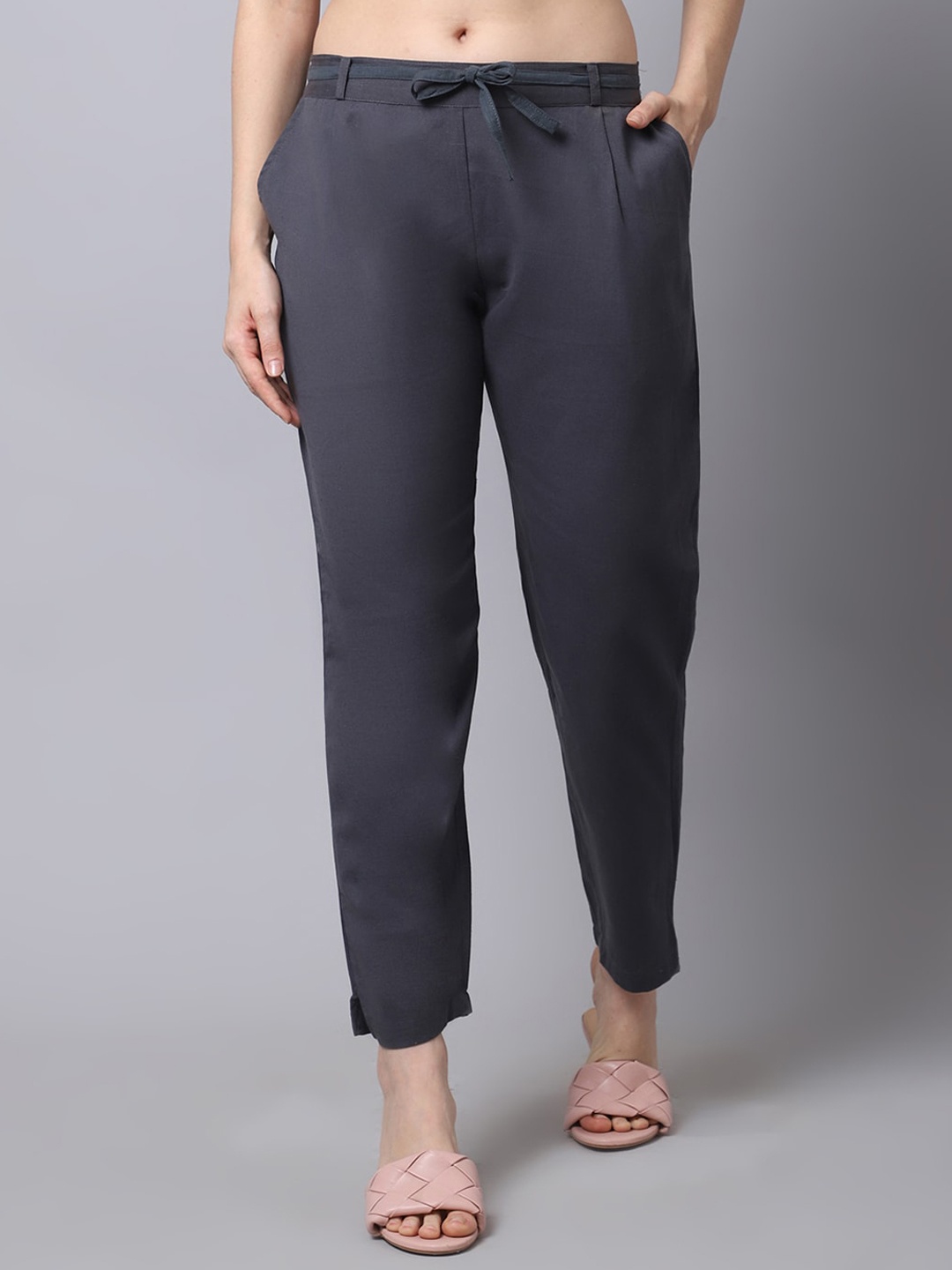 

Pistaa Women Grey Straight Fit Pleated Cigarette Trousers