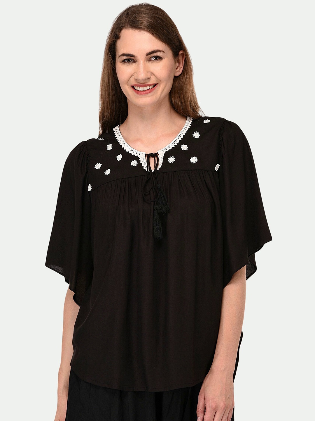 

PATRORNA Black Tie-Up Neck Flared Sleeves Cotton Blend Top