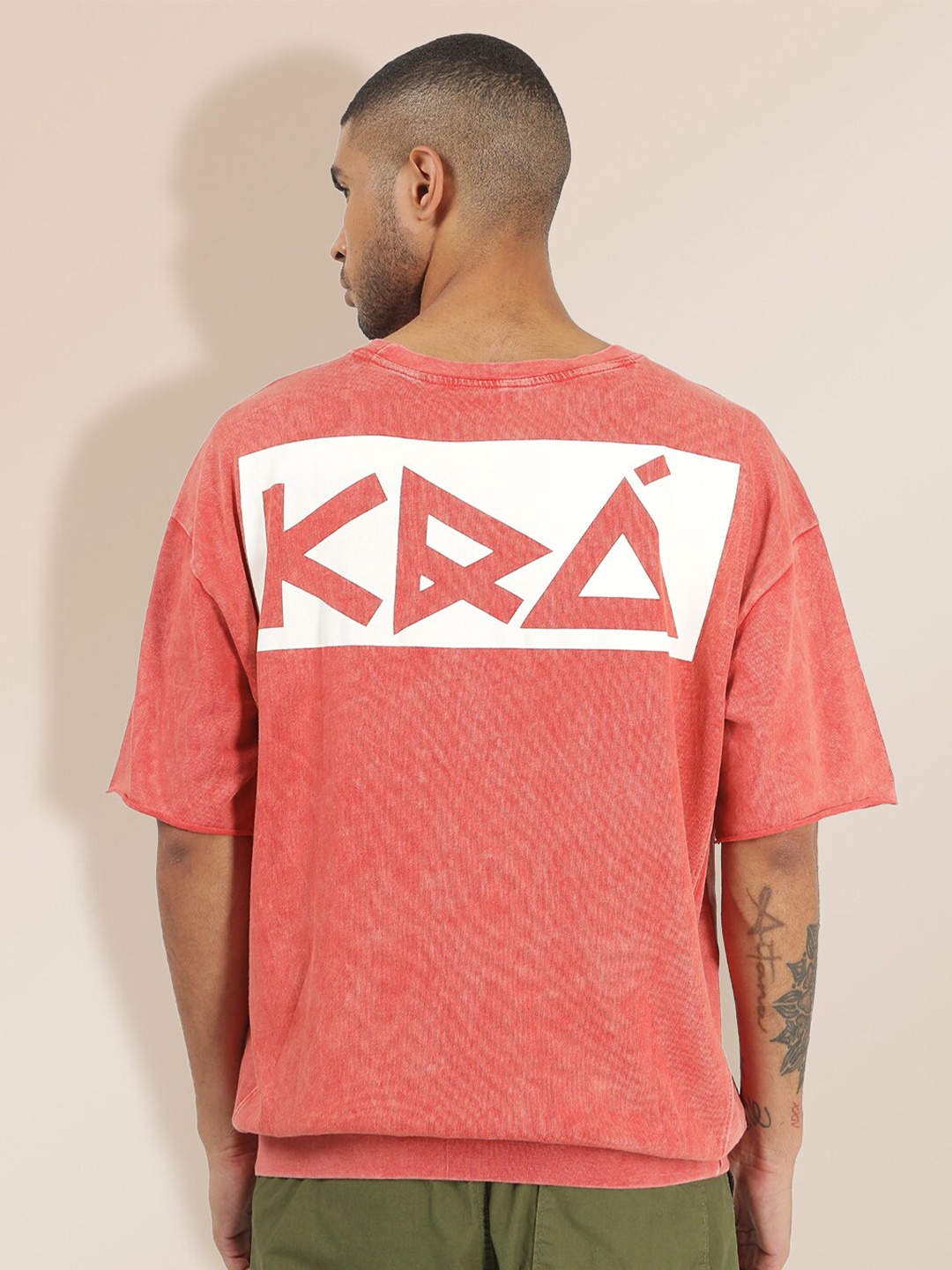 

KRA Men Red Typography Drop-Shoulder Sleeves Cotton T-shirt, Coral