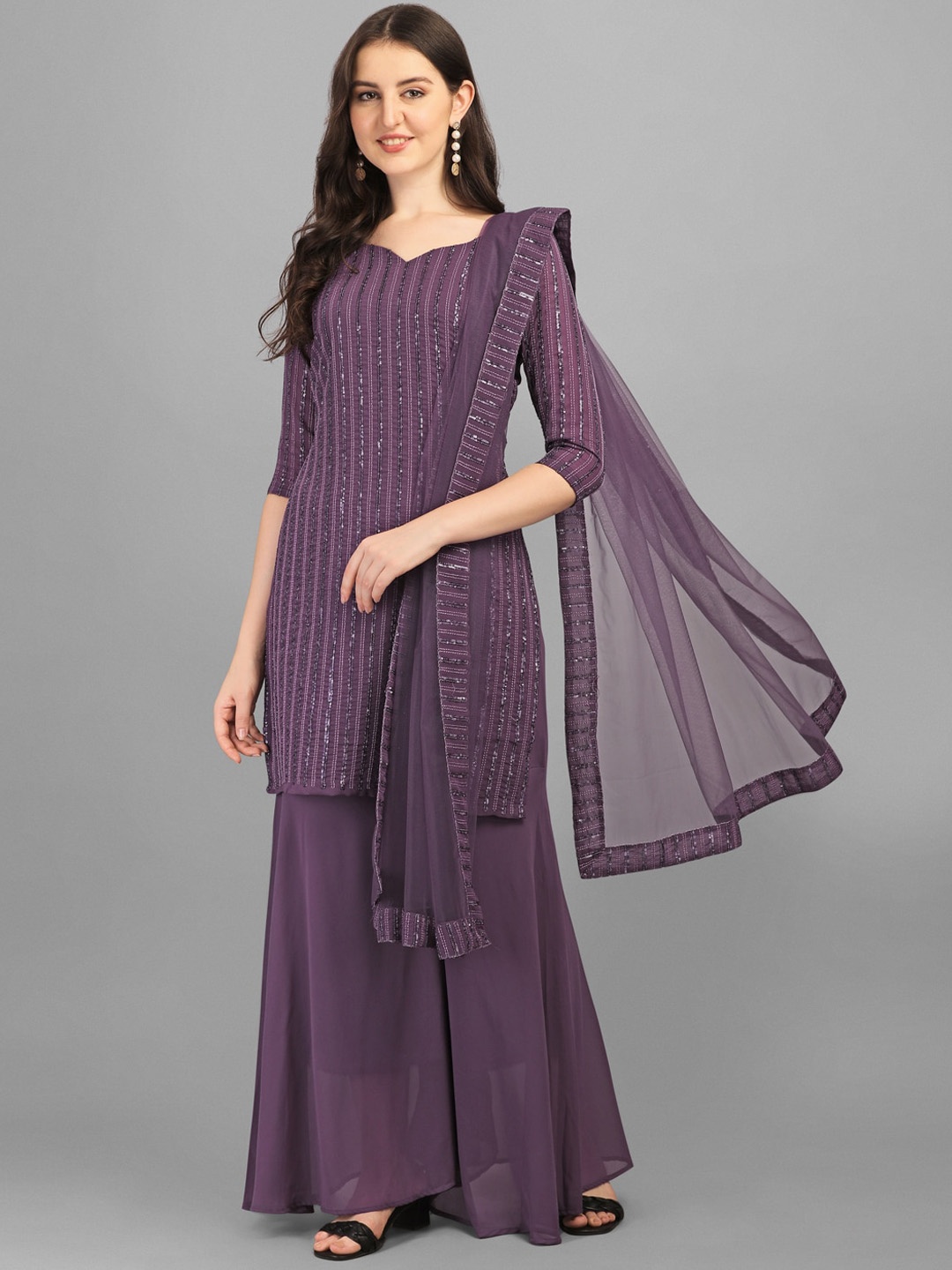 

JATRIQQ Women Embroidered Sequinned Silk Georgette Kurta with Sharara & Dupatta Set, Lavender