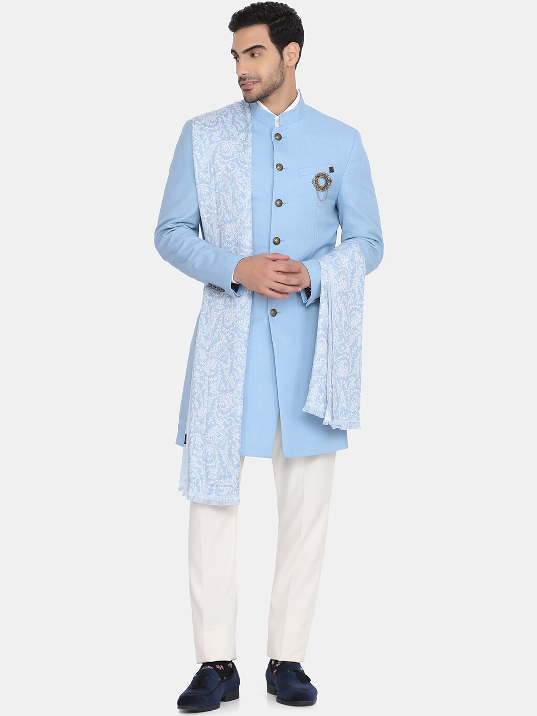 

Blackberrys Men Blue & White Self-Design Slim-Fit Sherwani Set