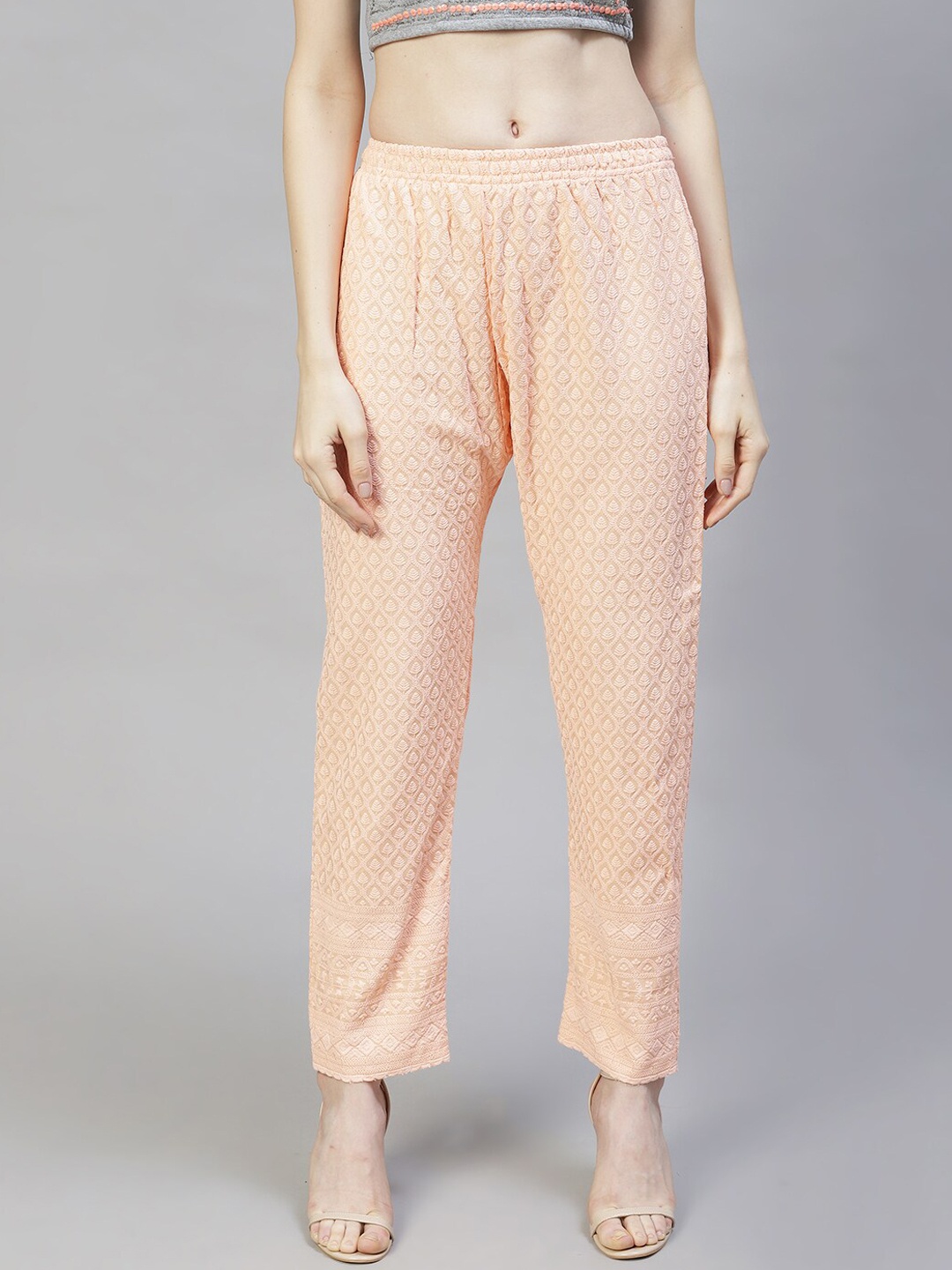 

FASHOR Women Peach-Coloured Floral Embroidered Straight Fit Trousers