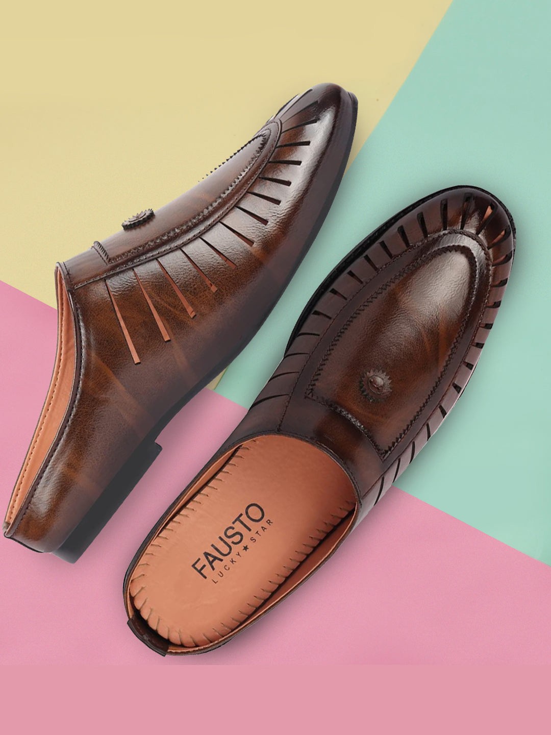 

FAUSTO Men Brown Laser Cut Design PU Mules