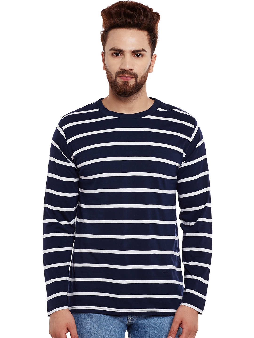 

Hypernation Men Navy & White Striped T-shirt, Navy blue