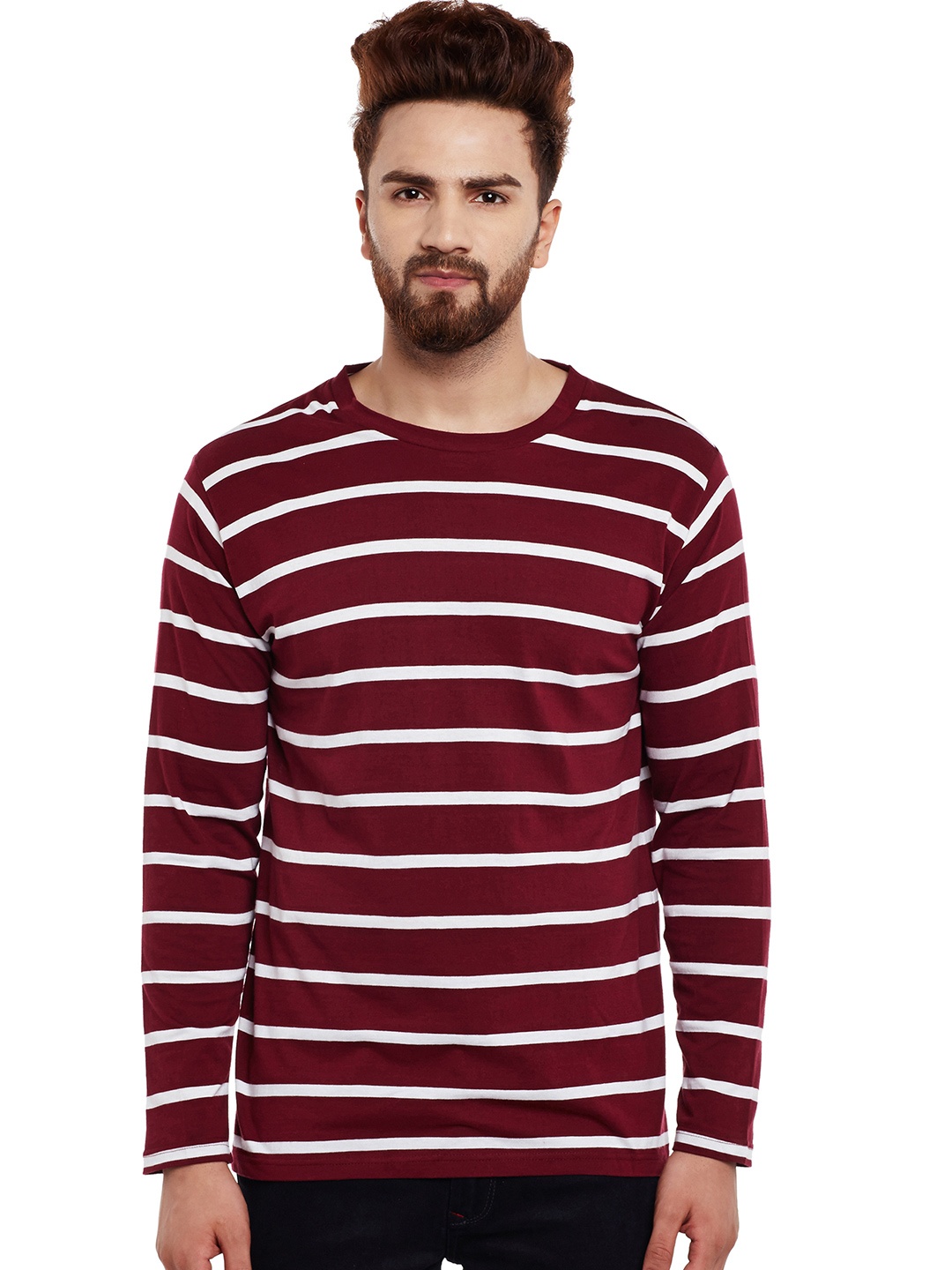 

Hypernation Men Maroon Striped Round Neck T-shirt