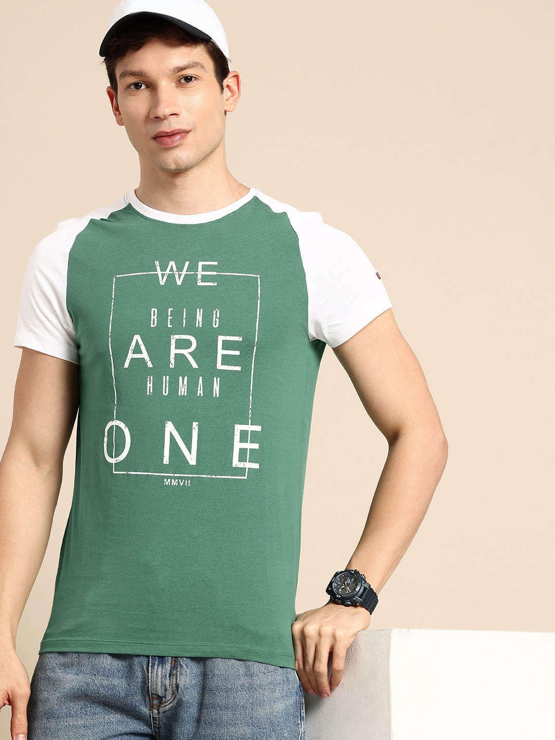 

Being Human Typography Printed Raglan Sleeves Pure Cotton T-shirt, Green