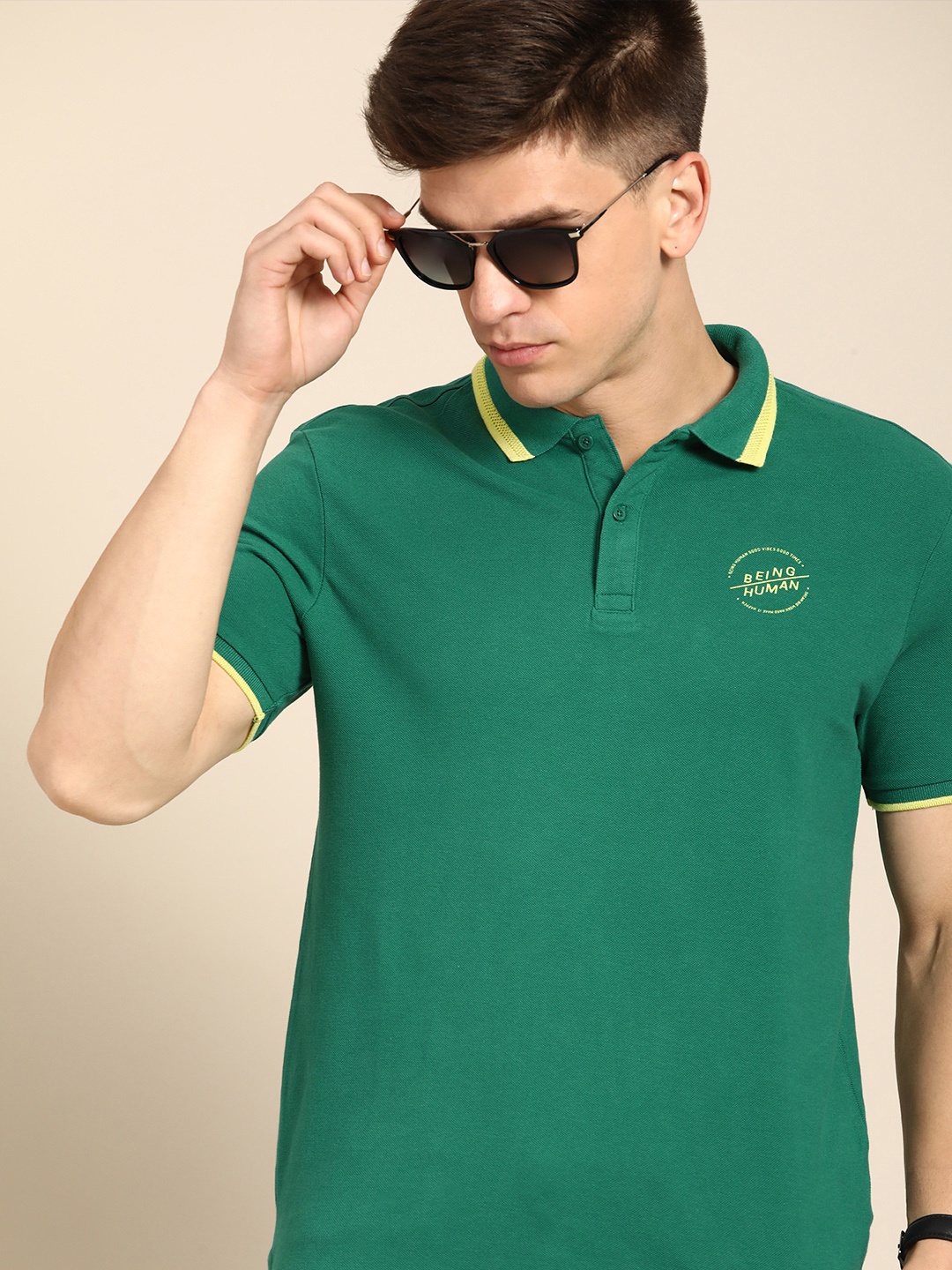 

Being Human Men Brand Logo Polo Collar Pure Cotton T-shirt, Green