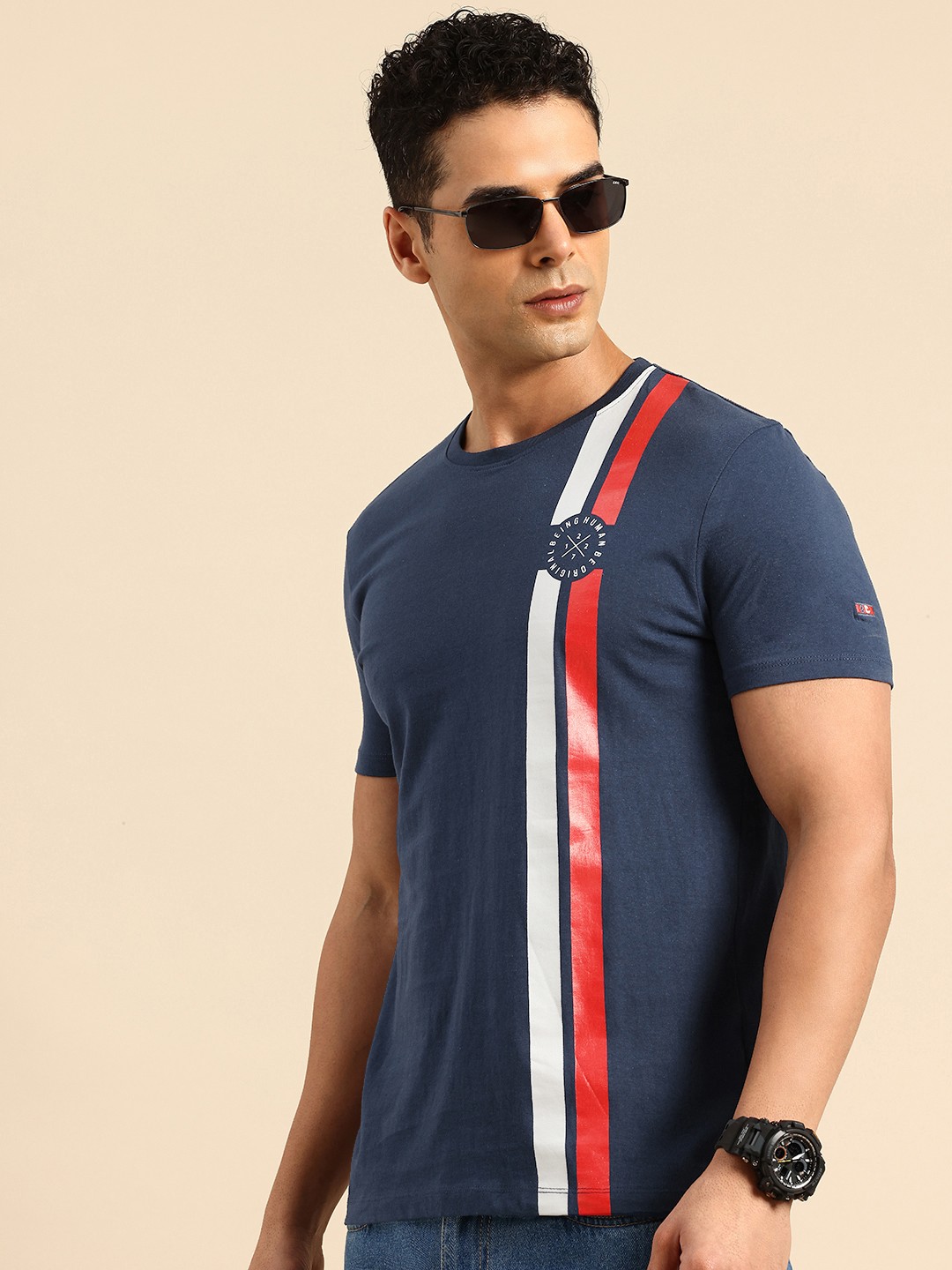 

Being Human Pure Cotton Striped T-shirt, Navy blue