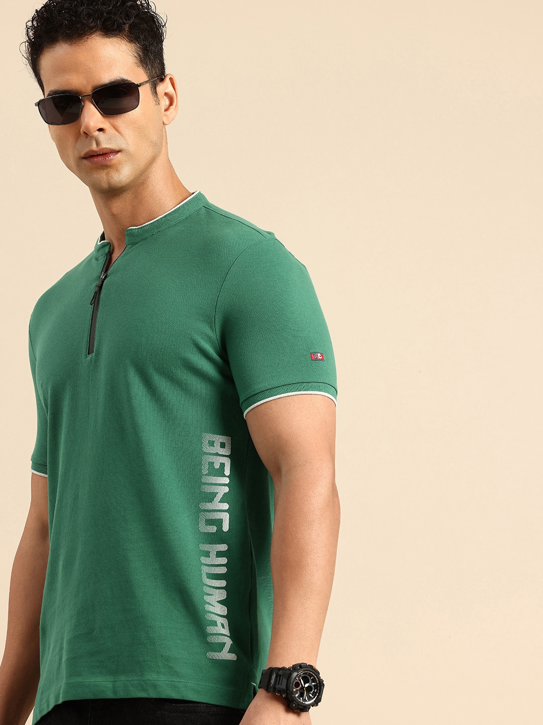 

Being Human Pure Cotton Brand Logo Printed Henley Neck T-shirt, Green