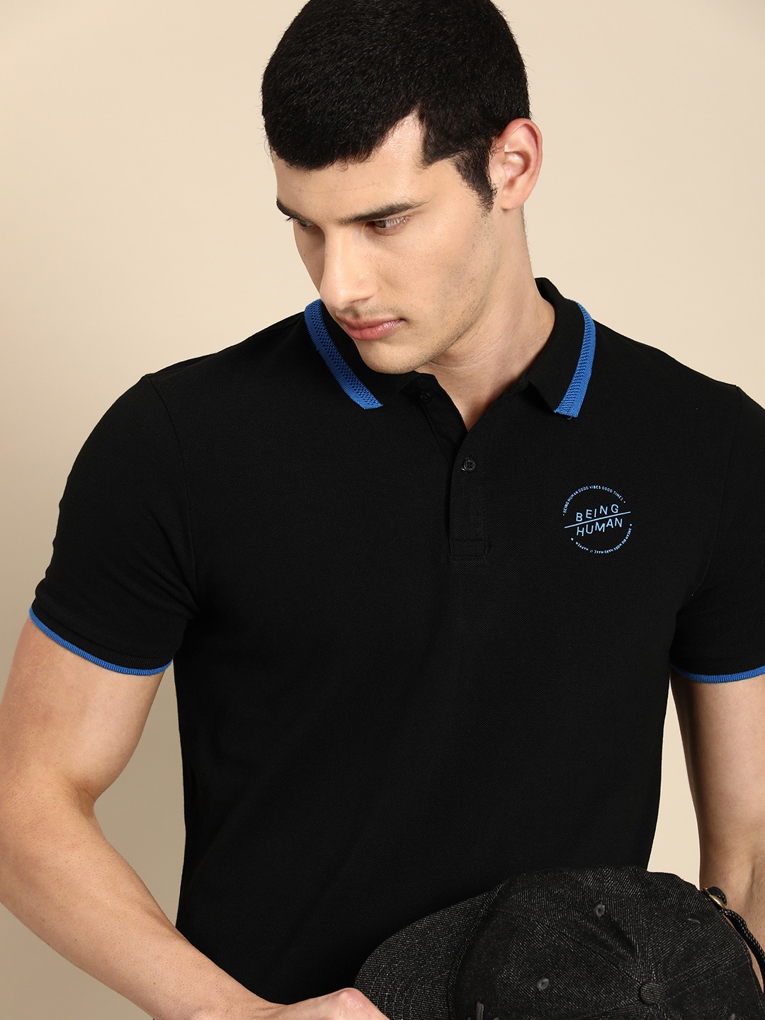 

Being Human Men Polo Collar Pure Cotton T-shirt, Black