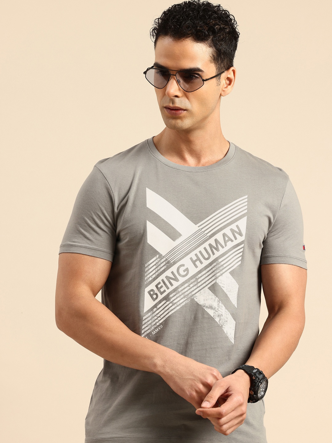 

Being Human Pure Cotton Brand Logo Printed T-shirt, Grey
