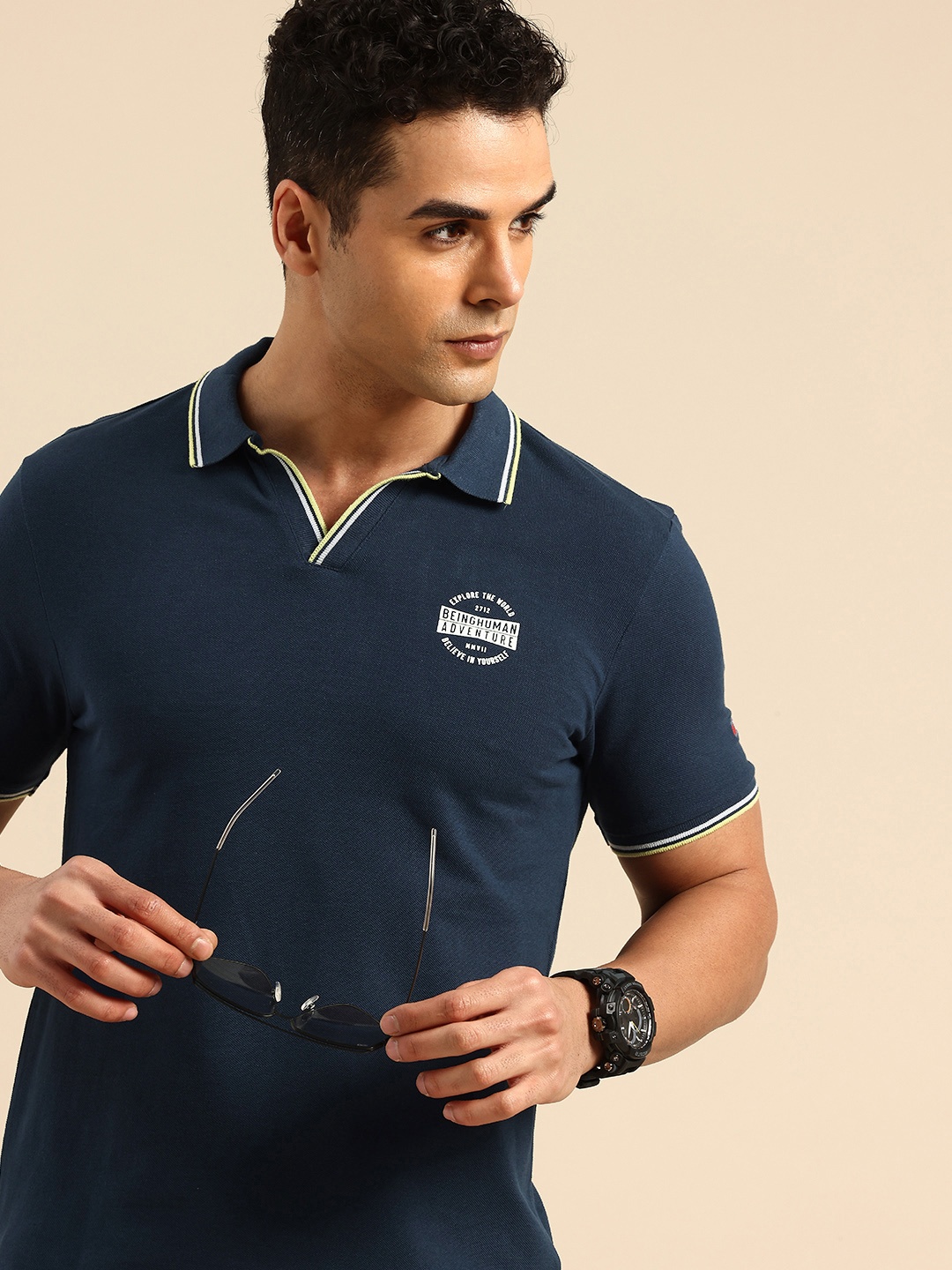 

Being Human Polo Collar Pure Cotton T-shirt, Navy blue