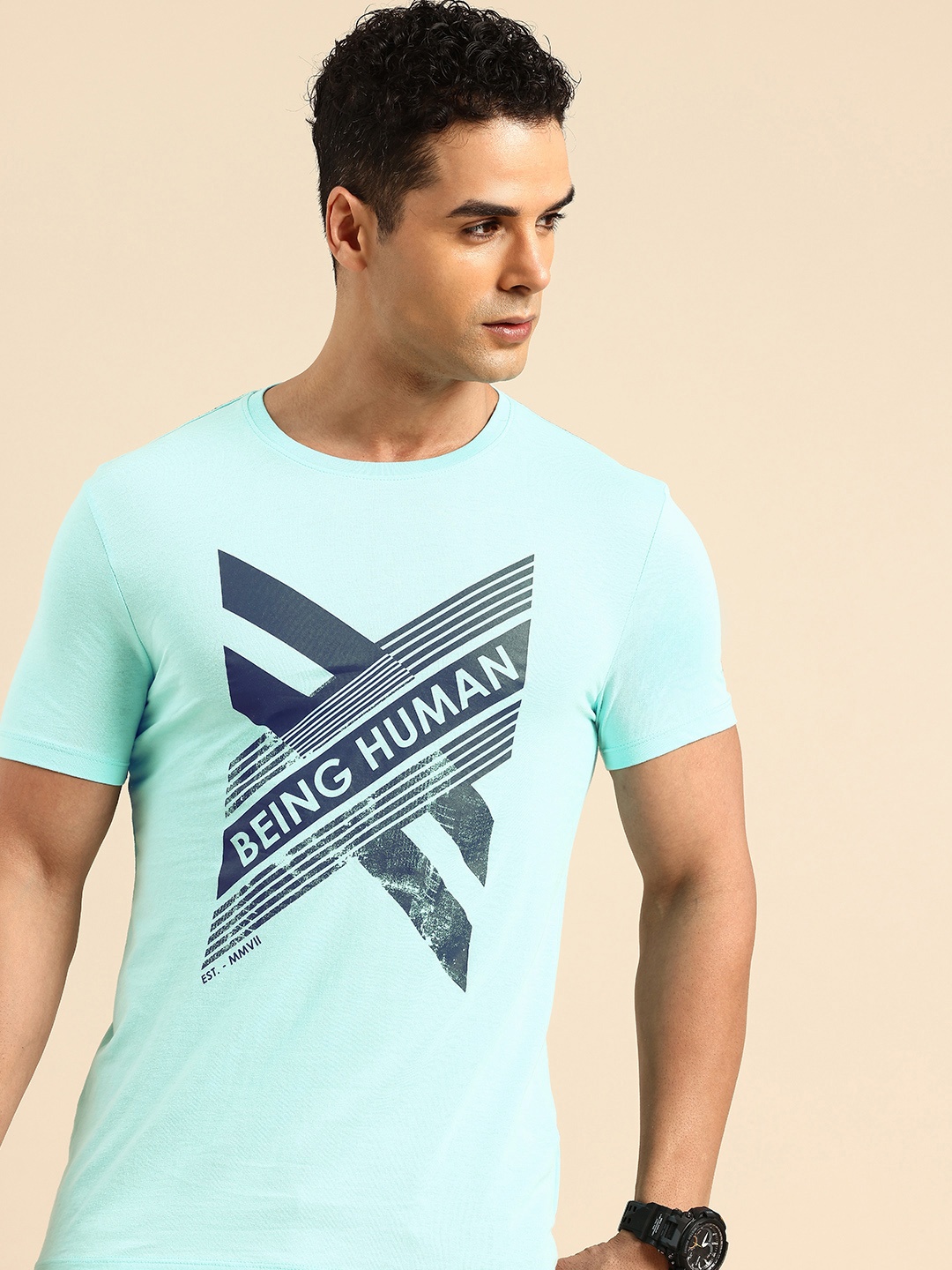 

Being Human Pure Cotton Brand Logo Printed T-shirt, Blue