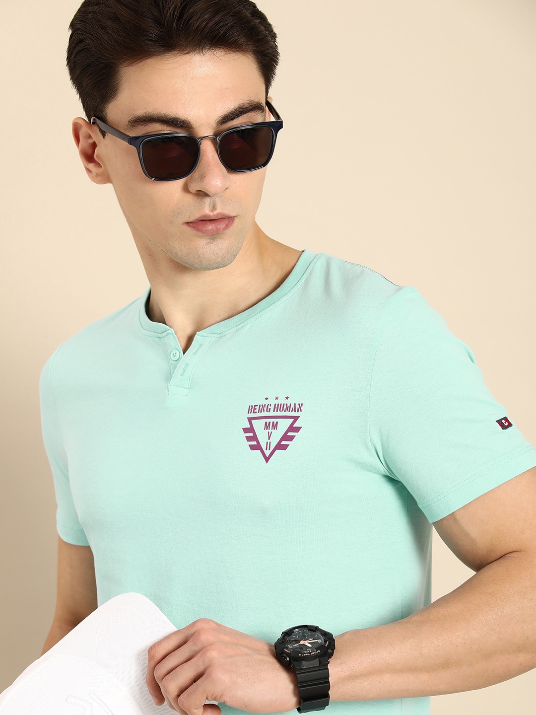 

Being Human Men Brand Logo Mandarin Collar Pure Cotton T-shirt, Blue