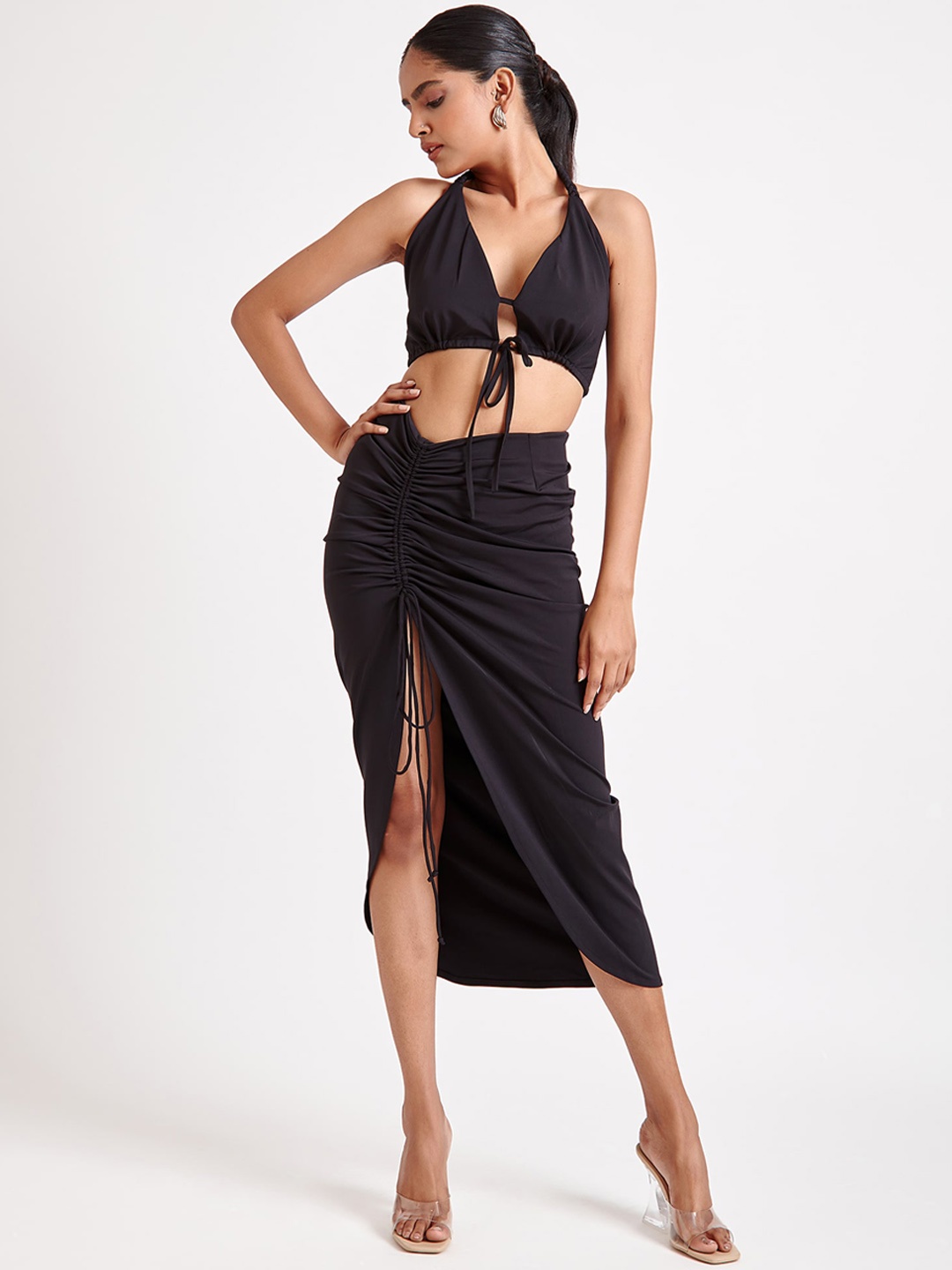 

THE CLOTHING FACTORY Women Black Solid Asymmetrical Midi Skirt