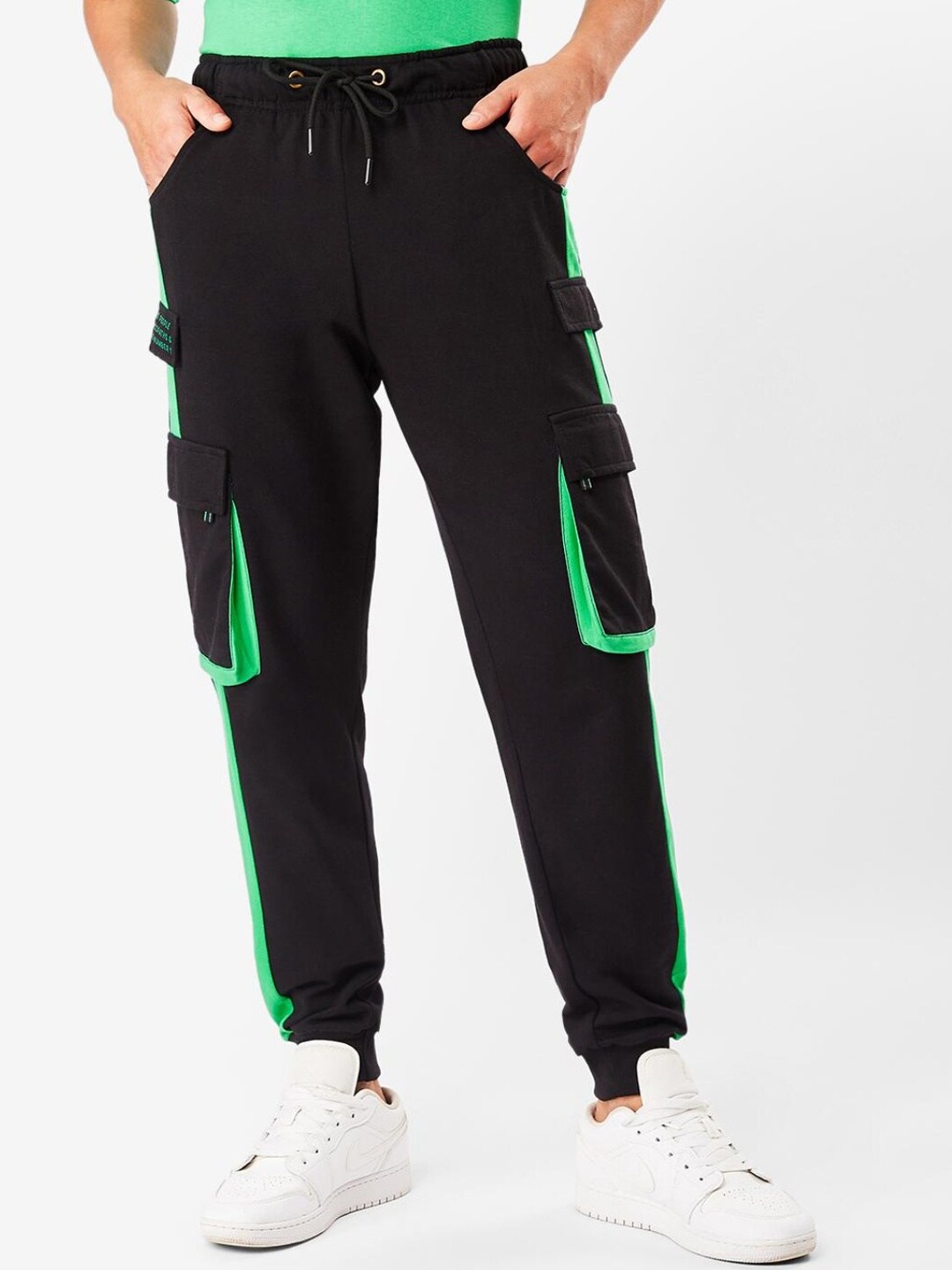 

Bewakoof Men Black & Green Colourblocked Joggers