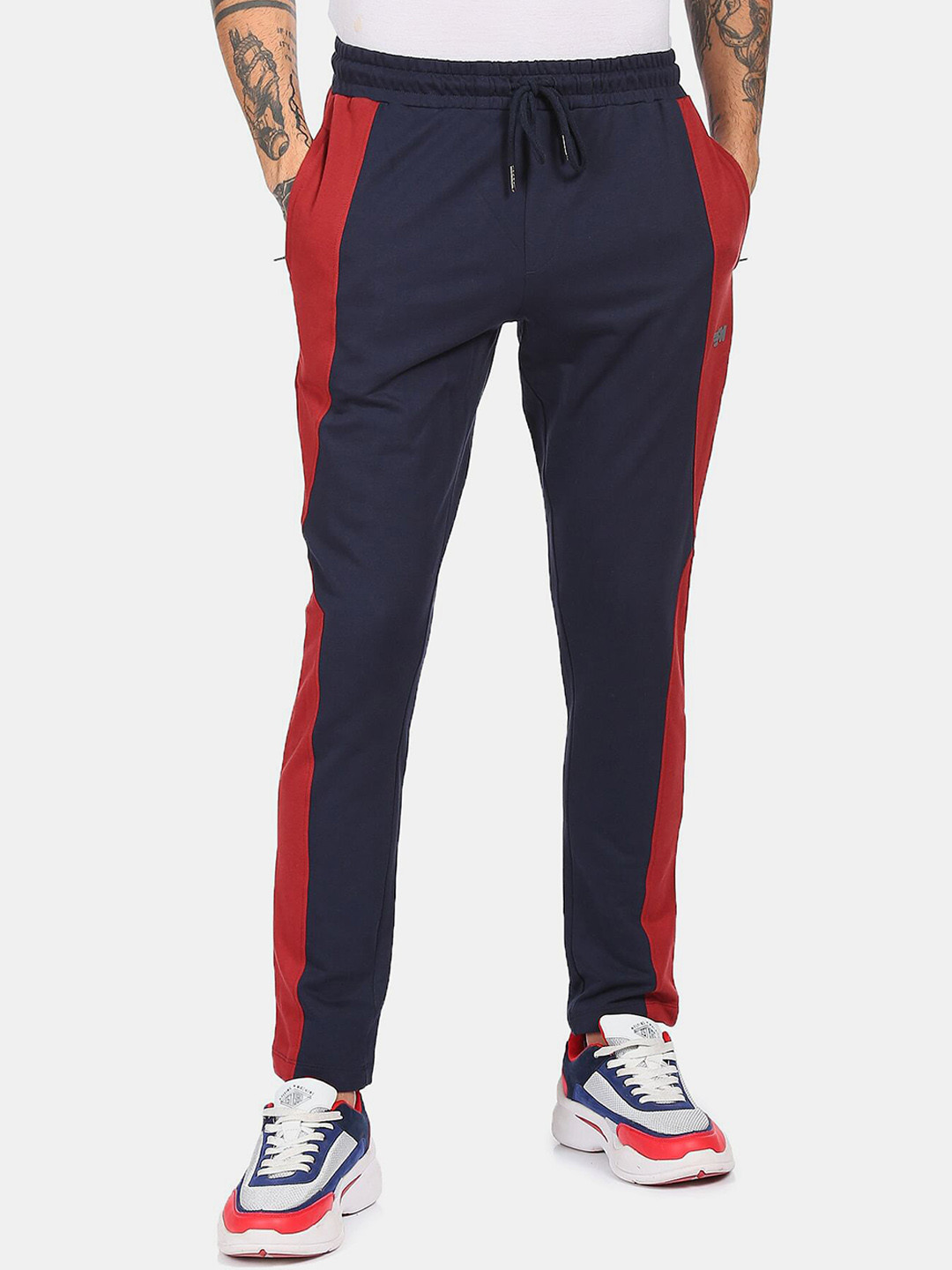 

Flying Machine Men Navy Blue & Red Colourblocked Straight-Fit Track Pants