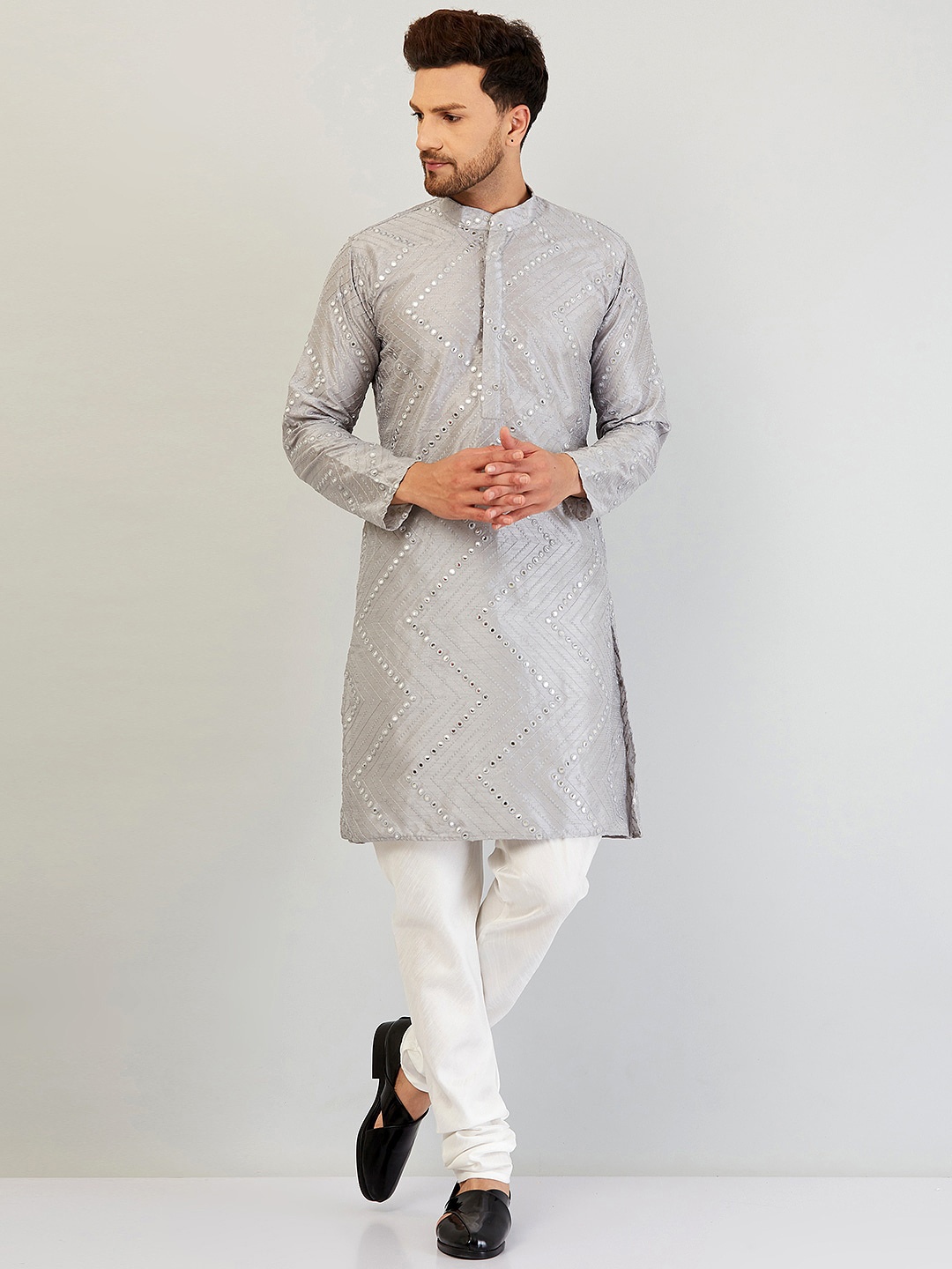 

Armaan Ethnic Men Grey Mirror Work Dupion Silk Kurta with Churidar