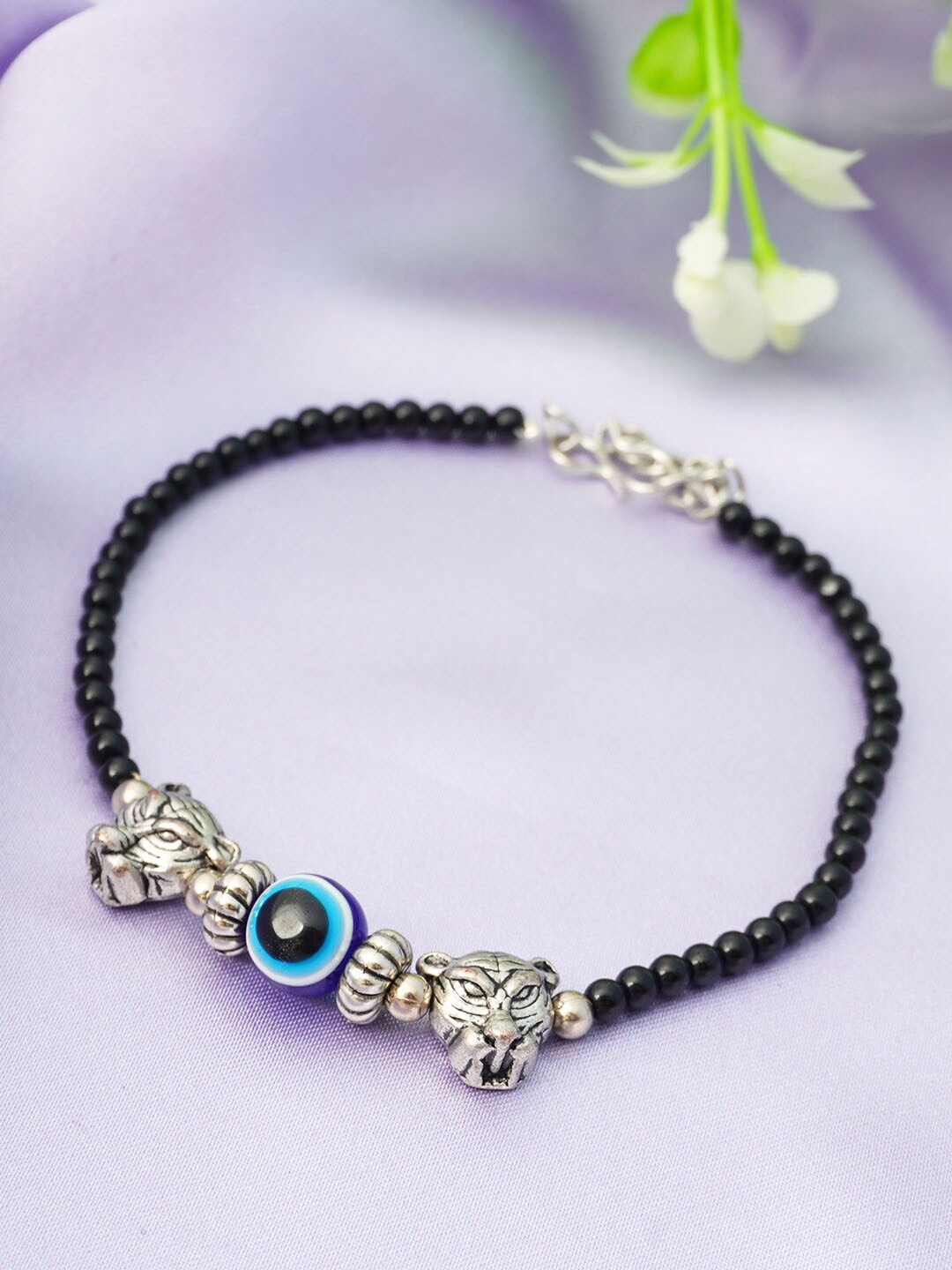 

Urmika Women Silver-Toned & Black Beaded Evil Eye Anklet