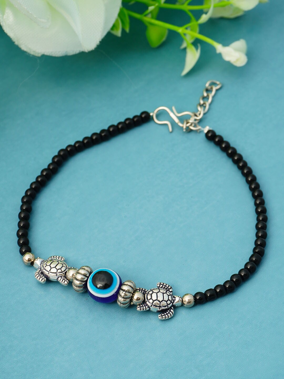 

Urmika Women Silver-Toned Black Turtle Shaped & Beaded Evil Eye Anklet
