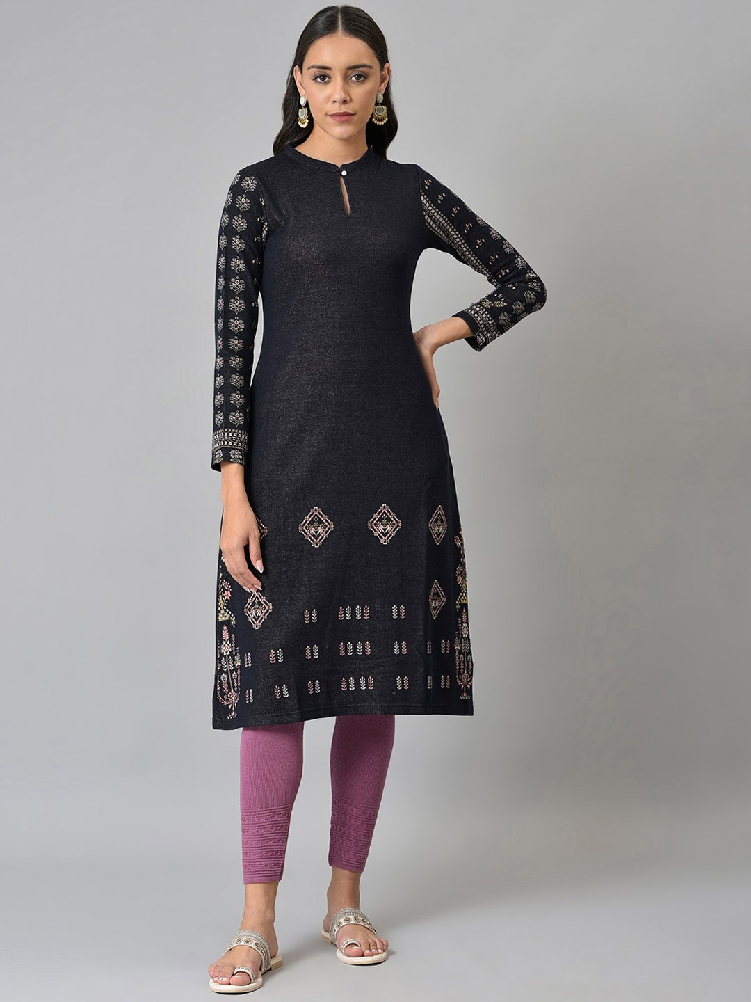 

W Women Blue Geometric Keyhole Neck Kurta