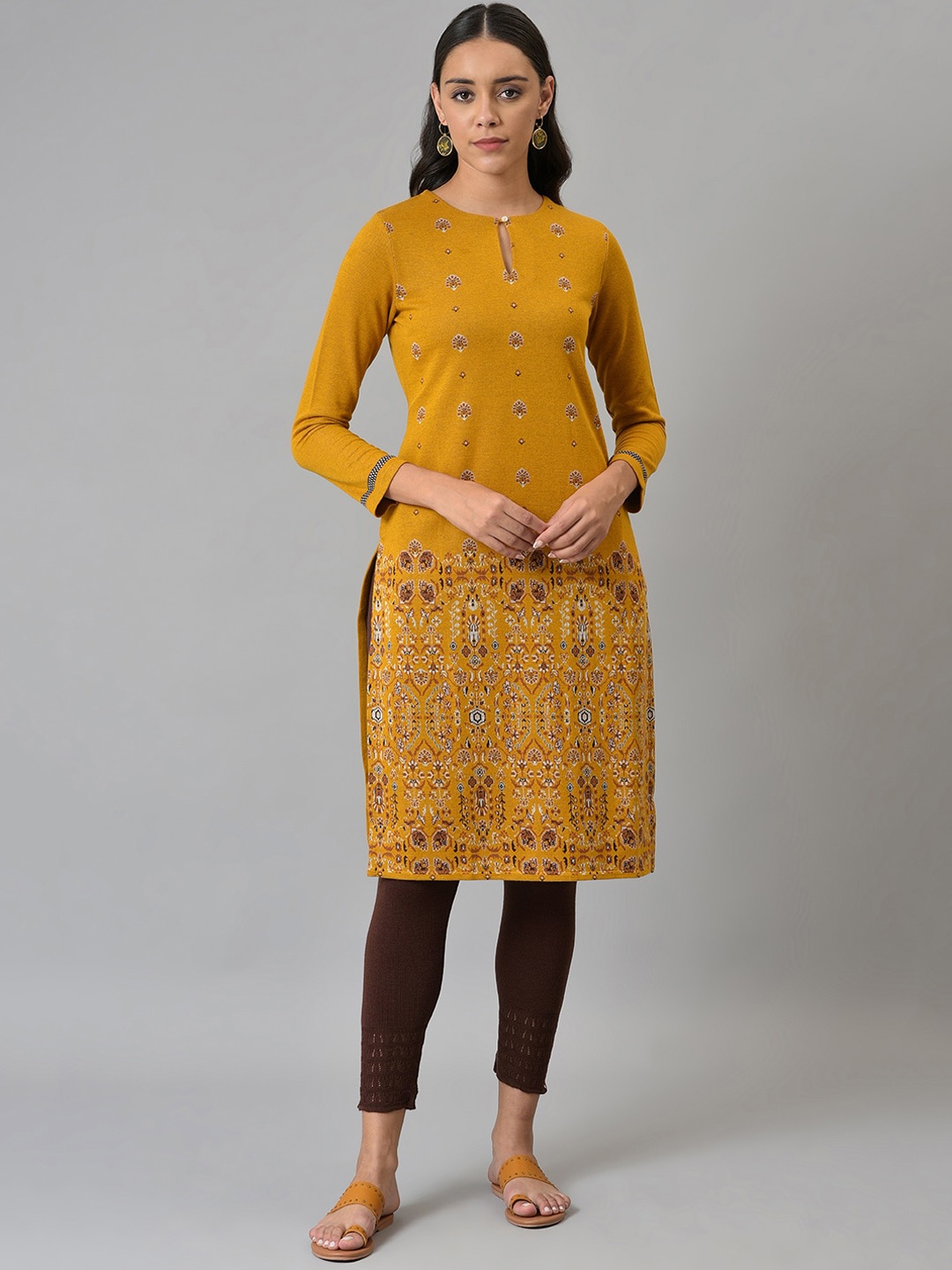 

W Women Mustard Yellow Ethnic Motifs Printed Keyhole Neck Kurta