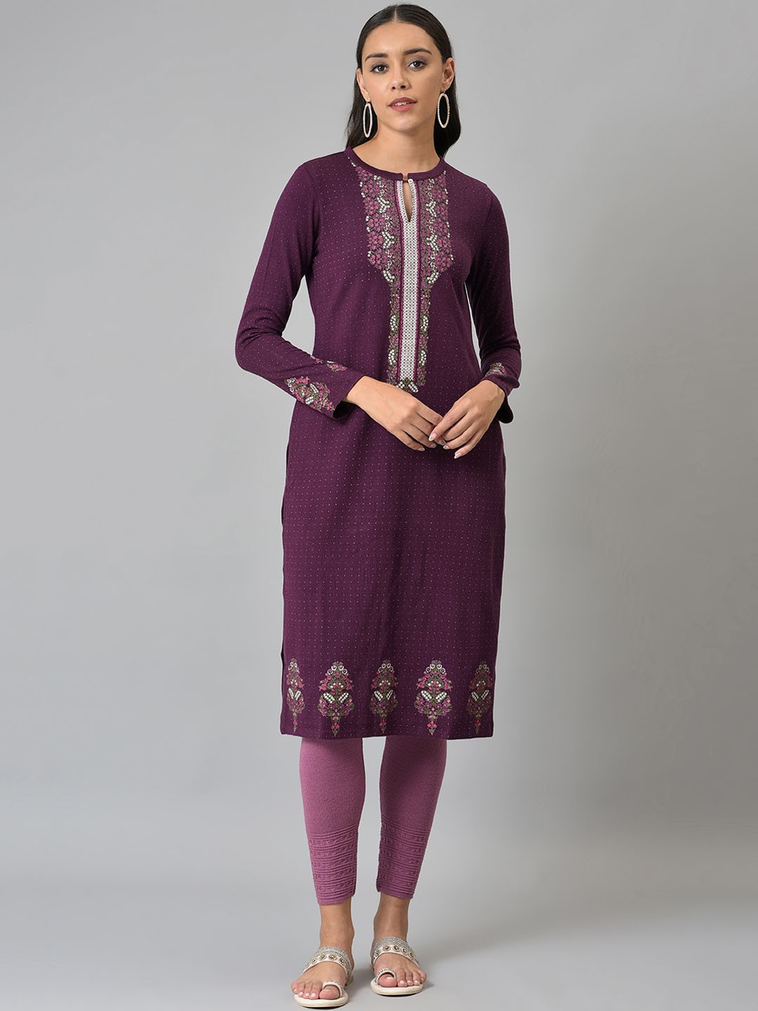 

W Women Purple Floral Yoke Design Keyhole Neck Kurta