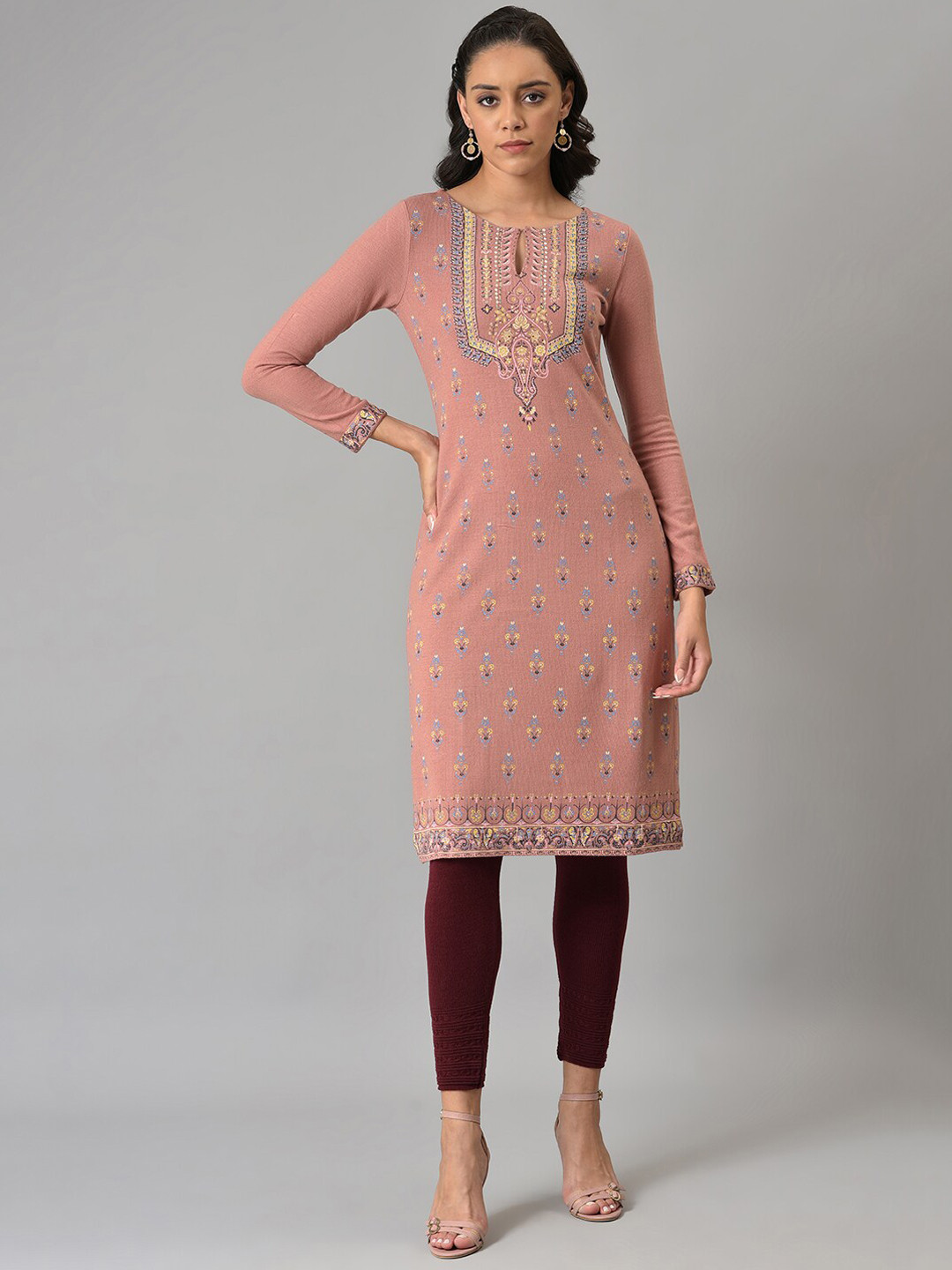 

W Women Pink Ethnic Motifs Keyhole Neck Kurta