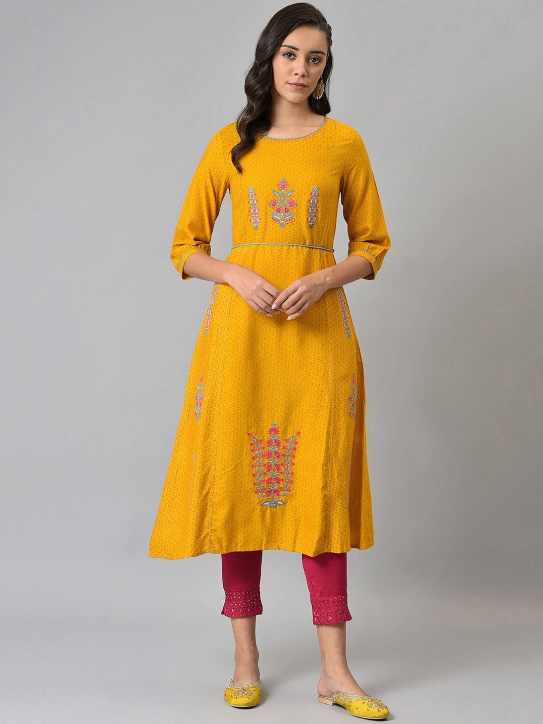 

W Women Yellow Floral Embroidered Thread Work Anarkali Kurta