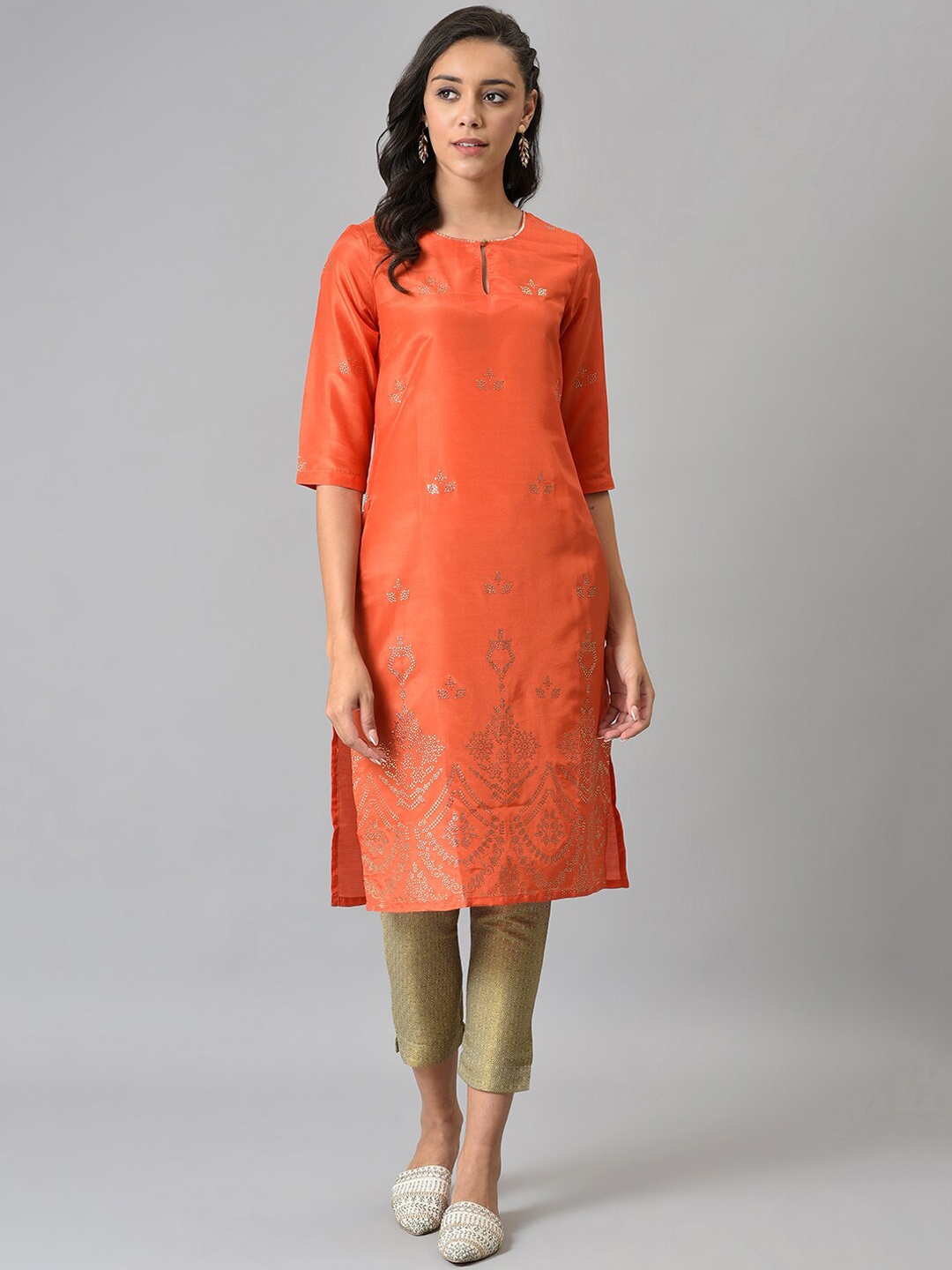 

W Women Geometric Print Shantung Straight Kurta, Orange