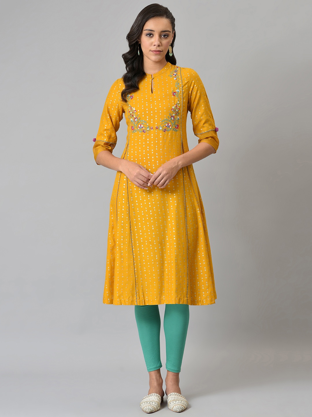 

W Women Yellow & Turquoise Blue Floral Printed Thread Work Kurta