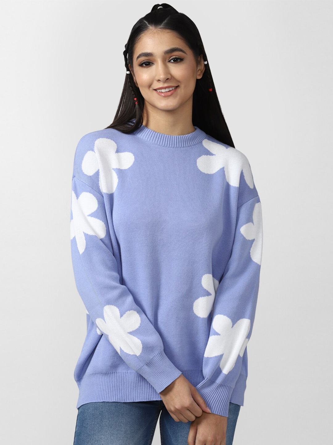 

FOREVER 21 Women Blue & White Floral Printed Pullover