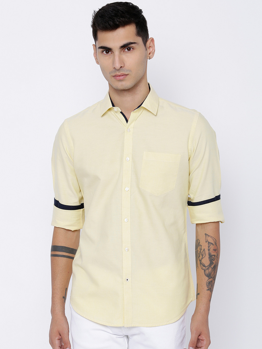 

Black coffee Men Yellow Comfort Slim Fit Solid Casual Shirt