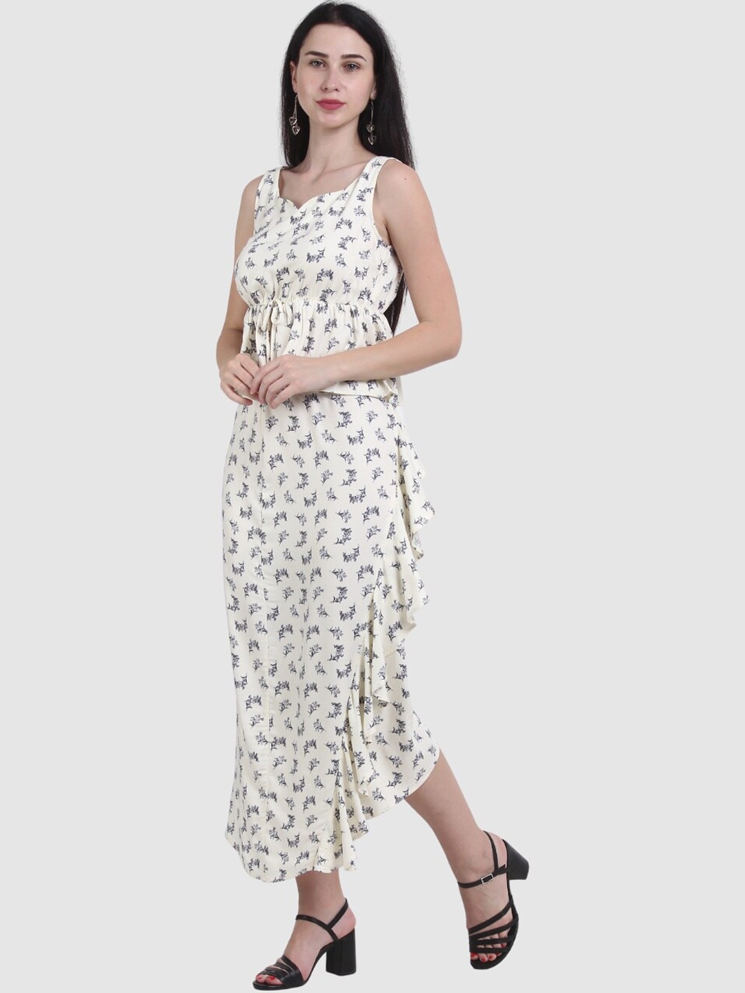 

The Label Bar Women White Printed Ruffled Skirt Set, Cream