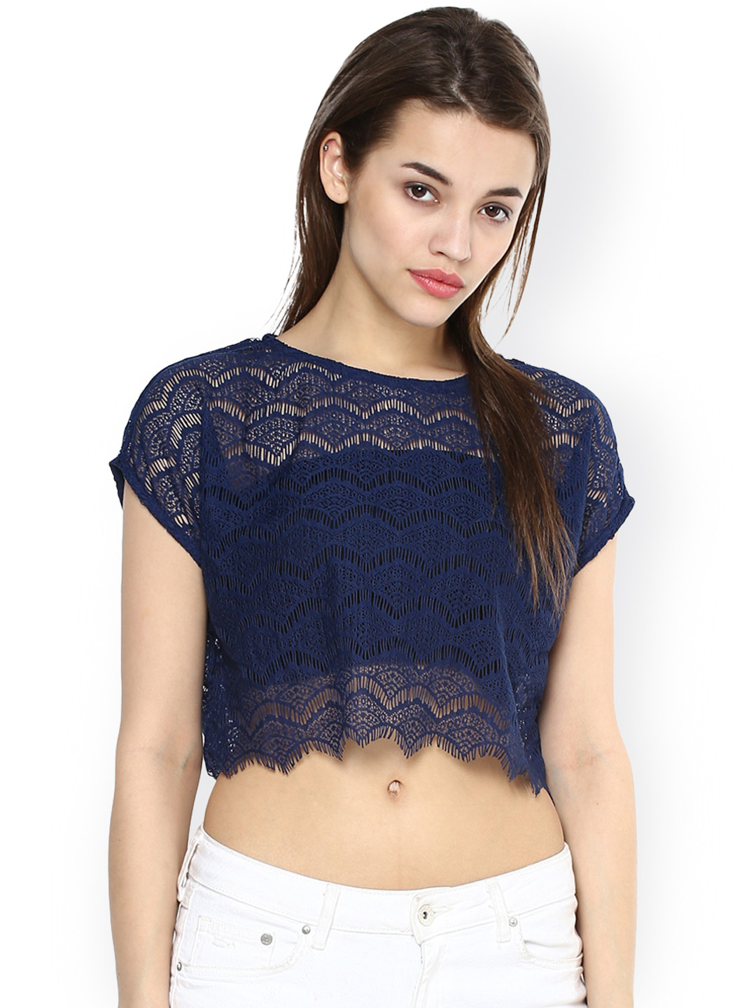 

La Zoire Women Navy Blue Lace Crop Top
