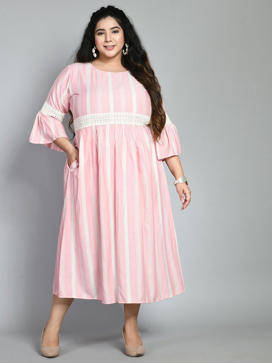 

PrettyPlus by Desinoor com Plus Size Pink Striped Empire Midi Dress