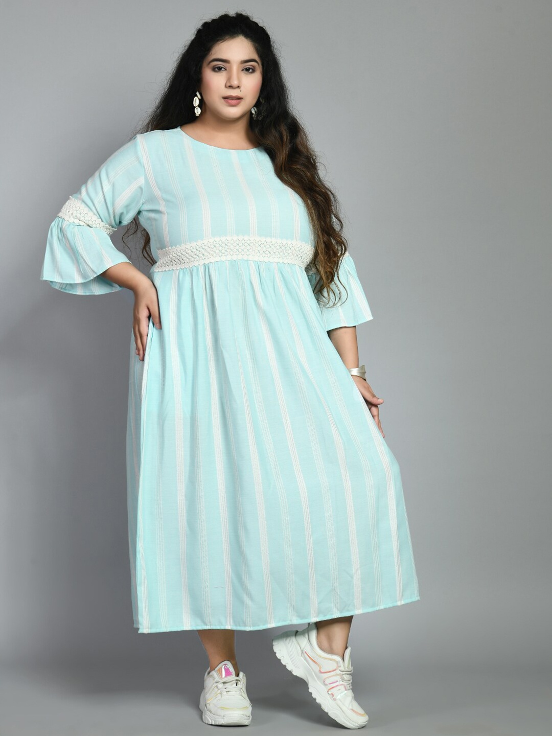 

PrettyPlus by Desinoor.com Plus Size Sea Green Striped Empire Midi Dress