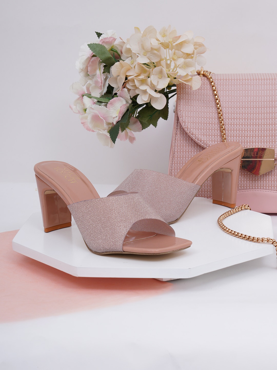 

SHUZ TOUCH Nude-Coloured Embellished Block Heels