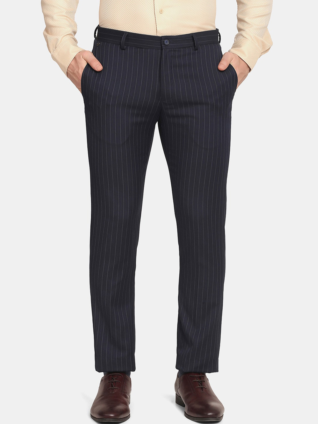 

Blackberrys Men Navy Blue Striped Skinny Fit Trousers