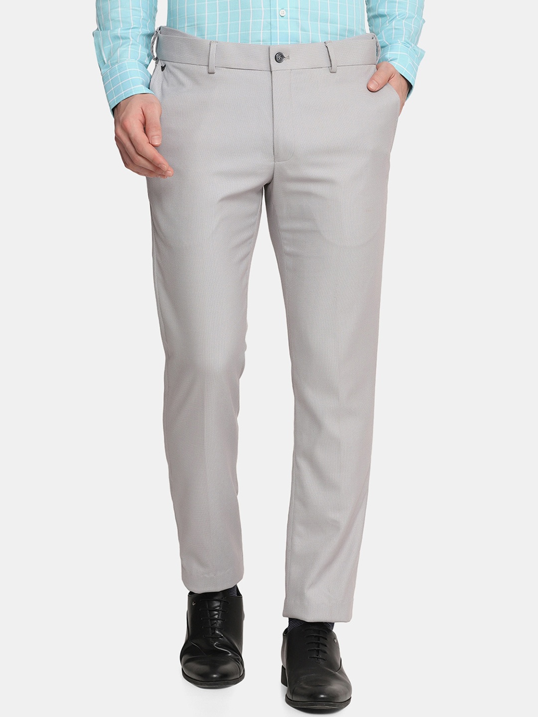 

Blackberrys Men Grey Textured Slim Fit Trousers